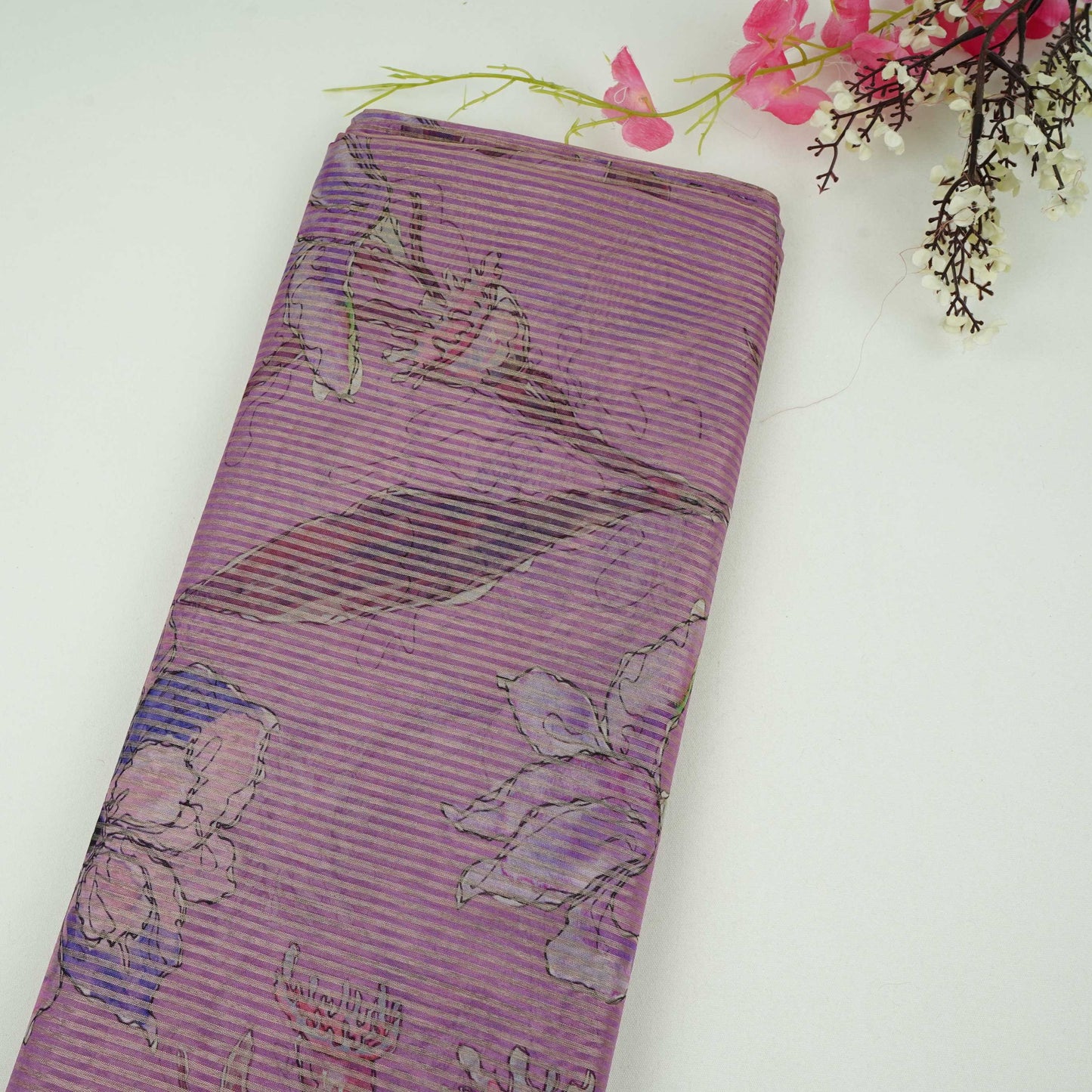 Purple floral with stripes print Organza Fabric VP-32018