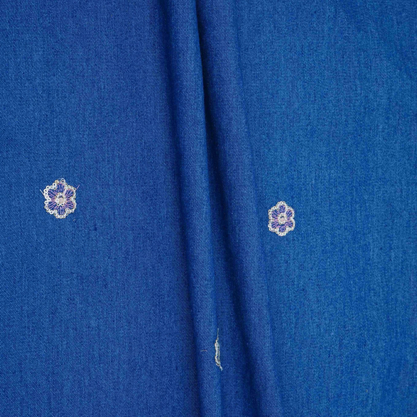 Blue Floral Thread Embroidery Denim Fabric GPF-32687