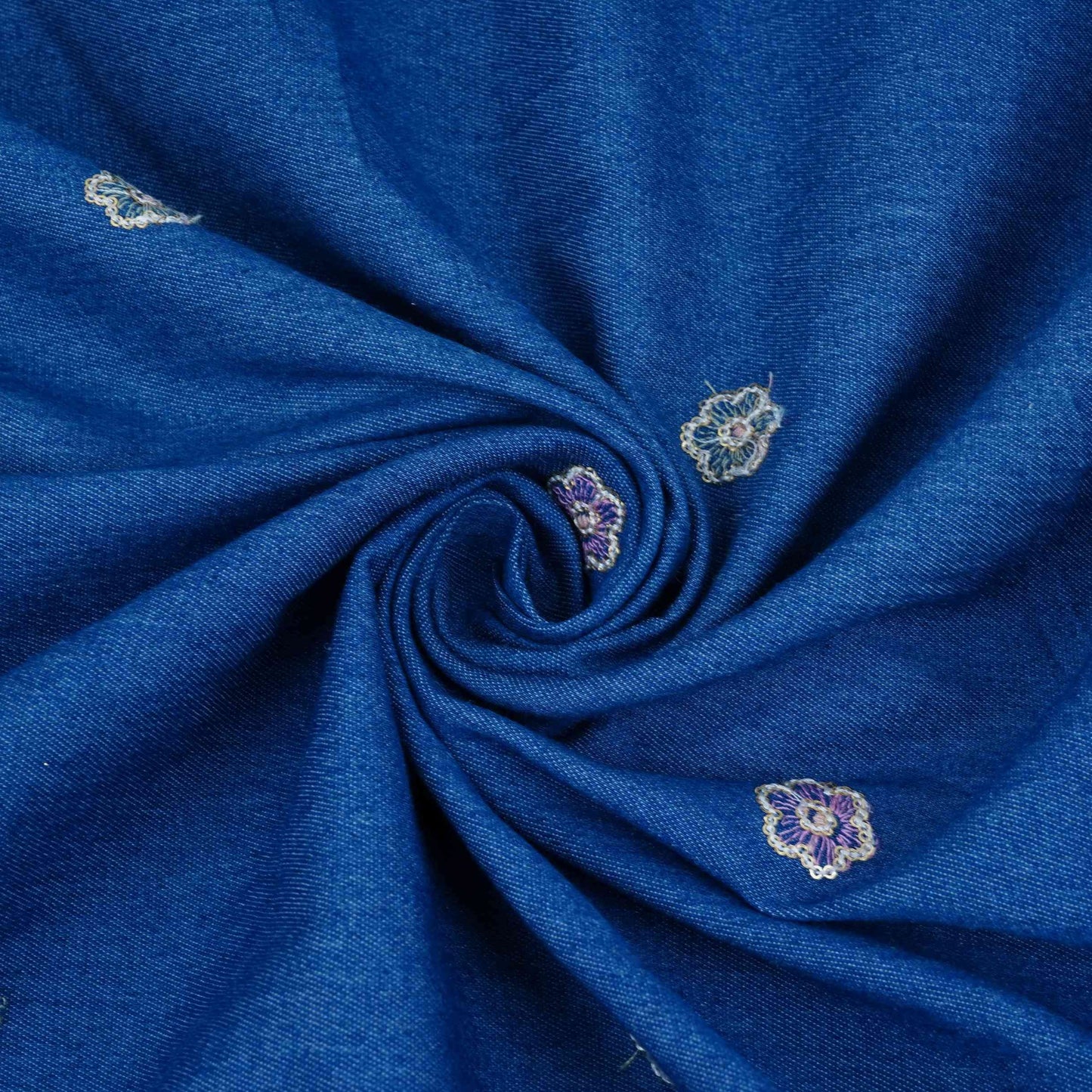 Blue Floral Thread Embroidery Denim Fabric GPF-32687