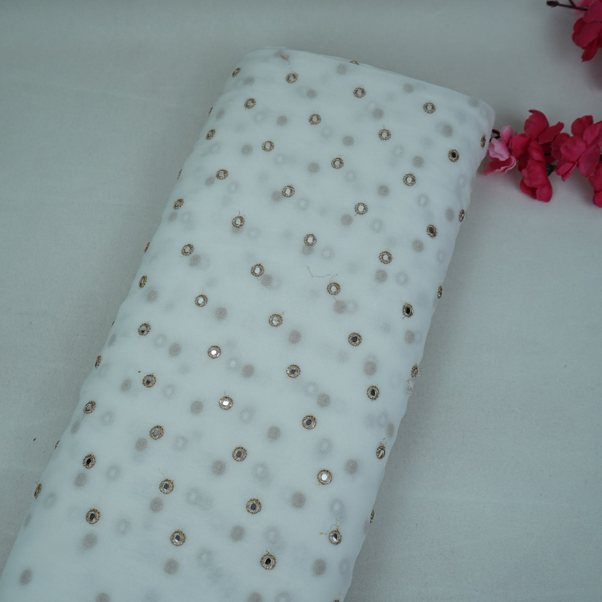 White Golden Mirror Buti Embroidery Dyeable Georgette Fabric AF-35045