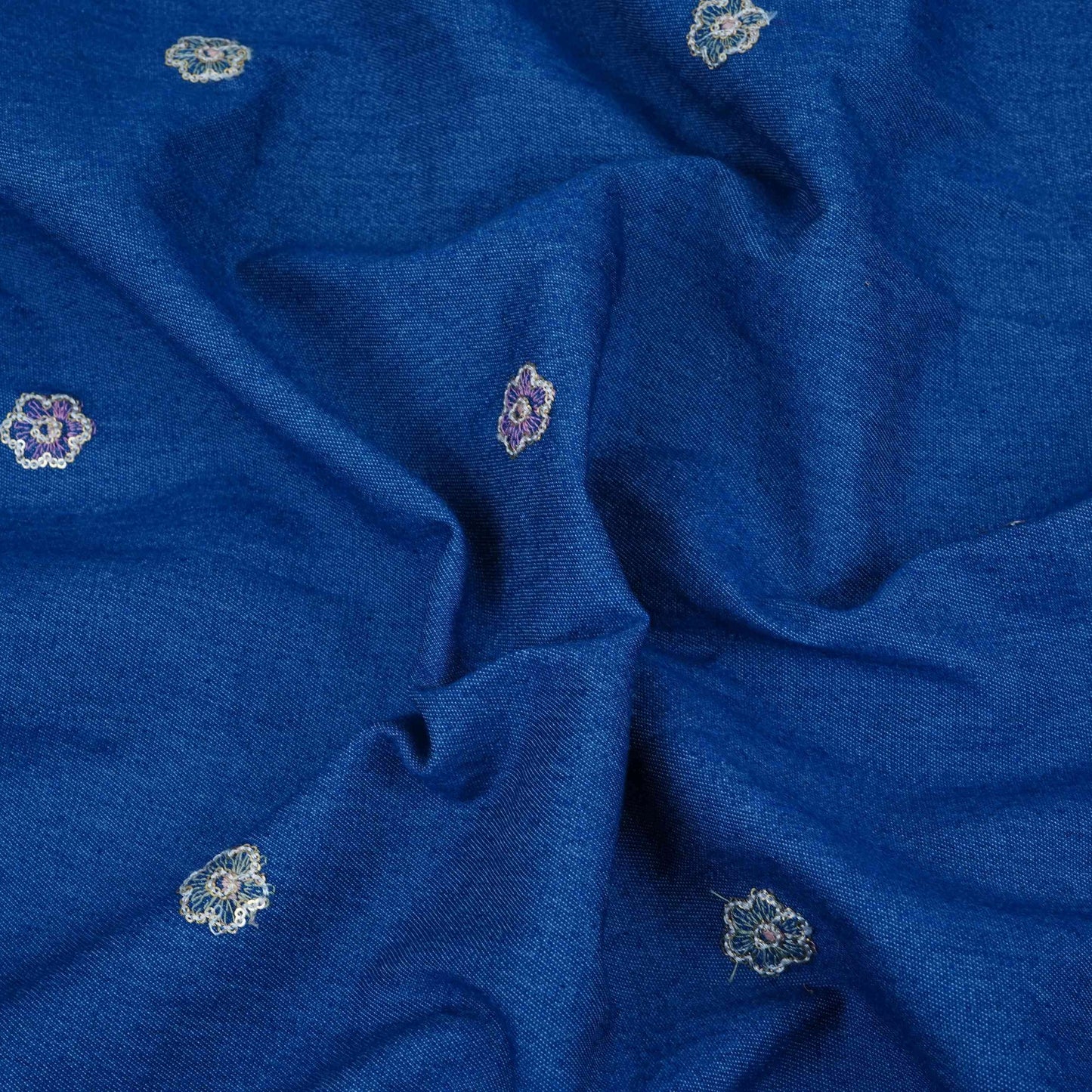 Blue Floral Thread Embroidery Denim Fabric GPF-32687