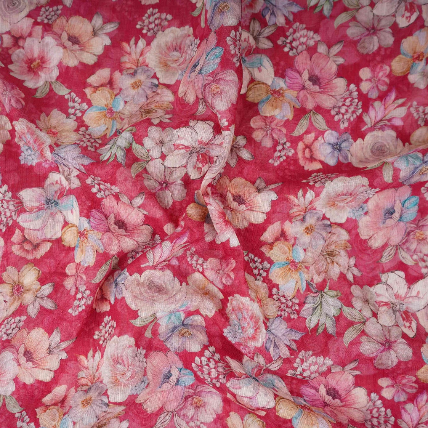 Red Floral Print Cotton Linen Fabric RT-30914