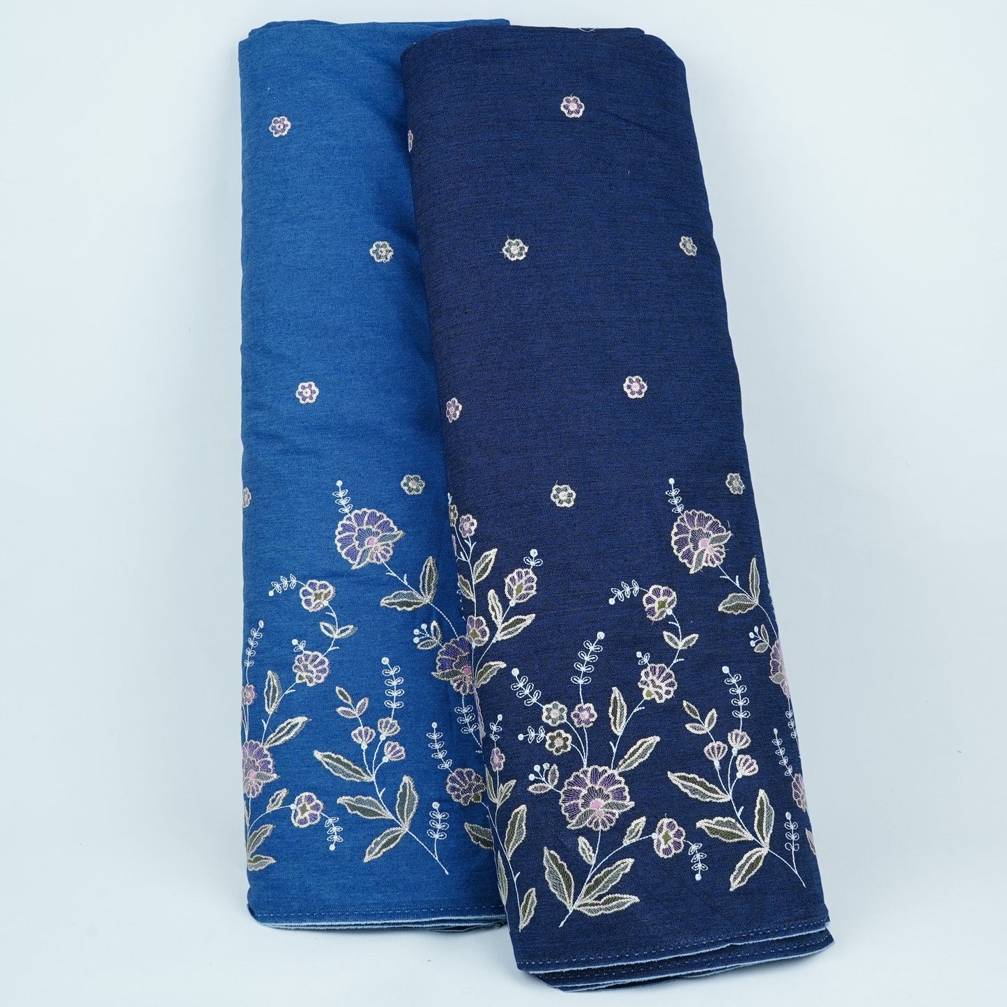 Blue Floral Thread Embroidery Denim Fabric GPF-32687
