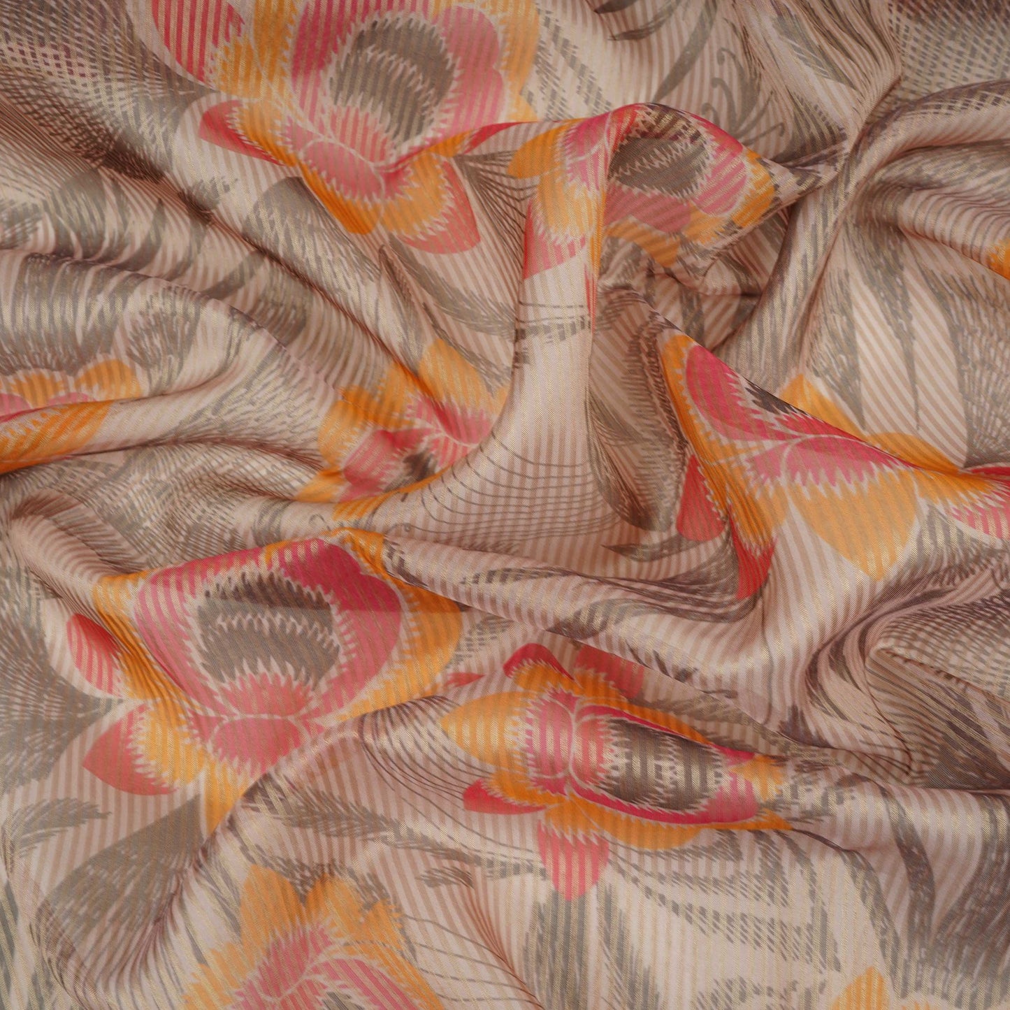 Grey floral with stripes print Organza Fabric VP-32009