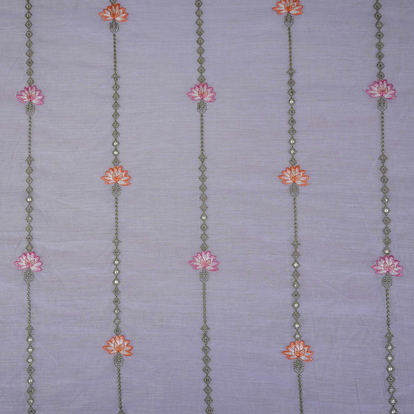 Lavender Stripes Floral Embroidery Chanderi Fabric DC-30565
