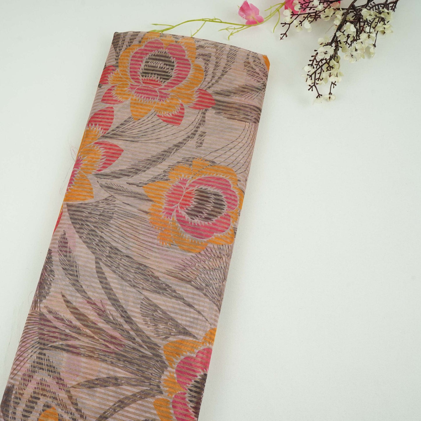 Grey floral with stripes print Organza Fabric VP-32009