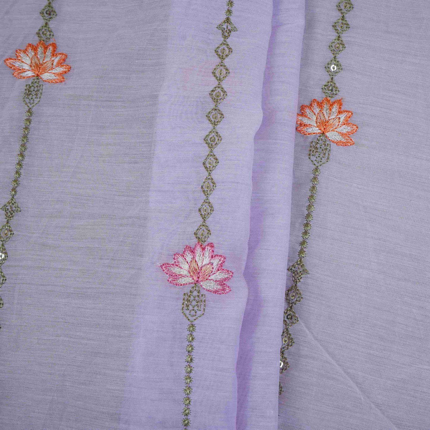 Lavender Stripes Floral Embroidery Chanderi Fabric DC-30565