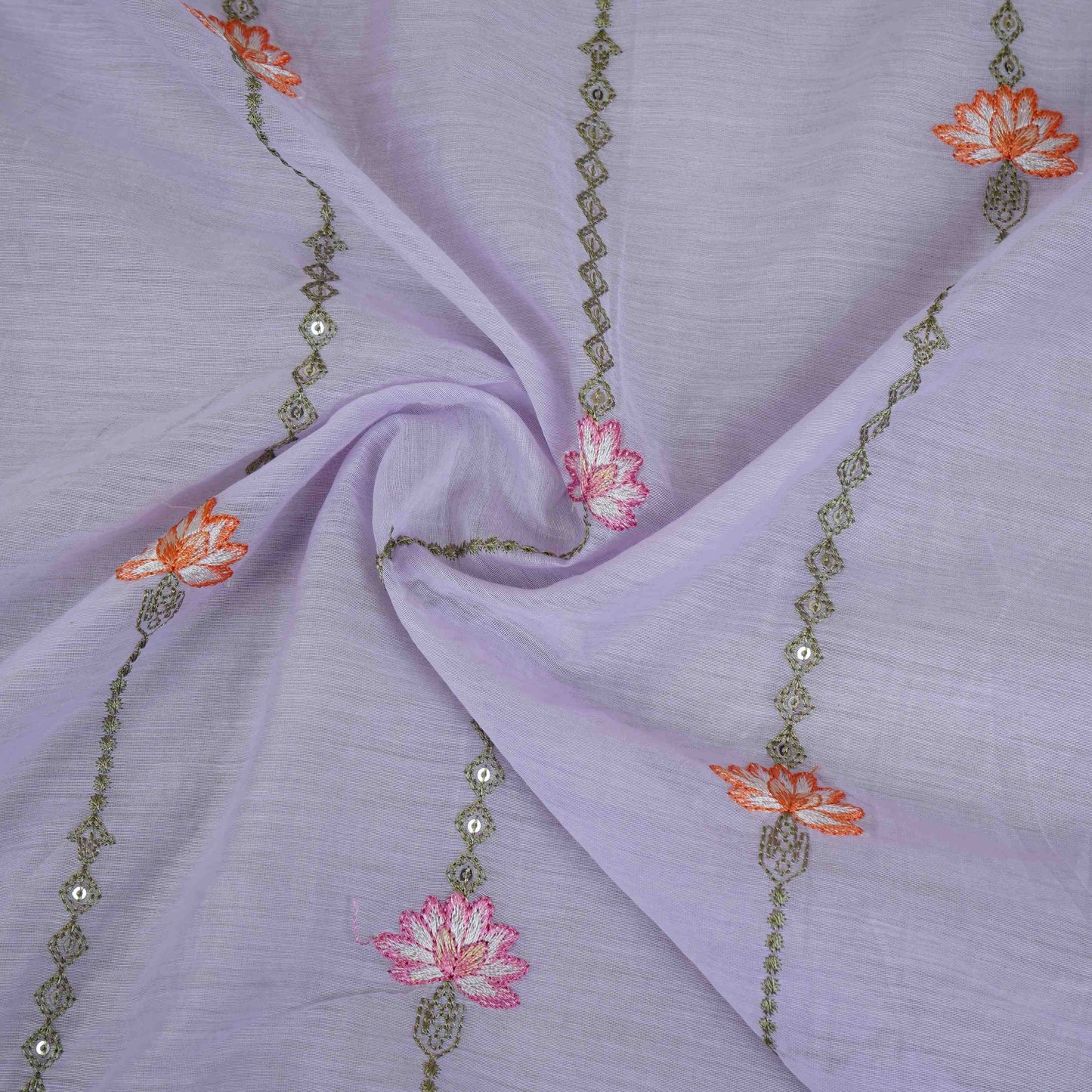Lavender Stripes Floral Embroidery Chanderi Fabric DC-30565