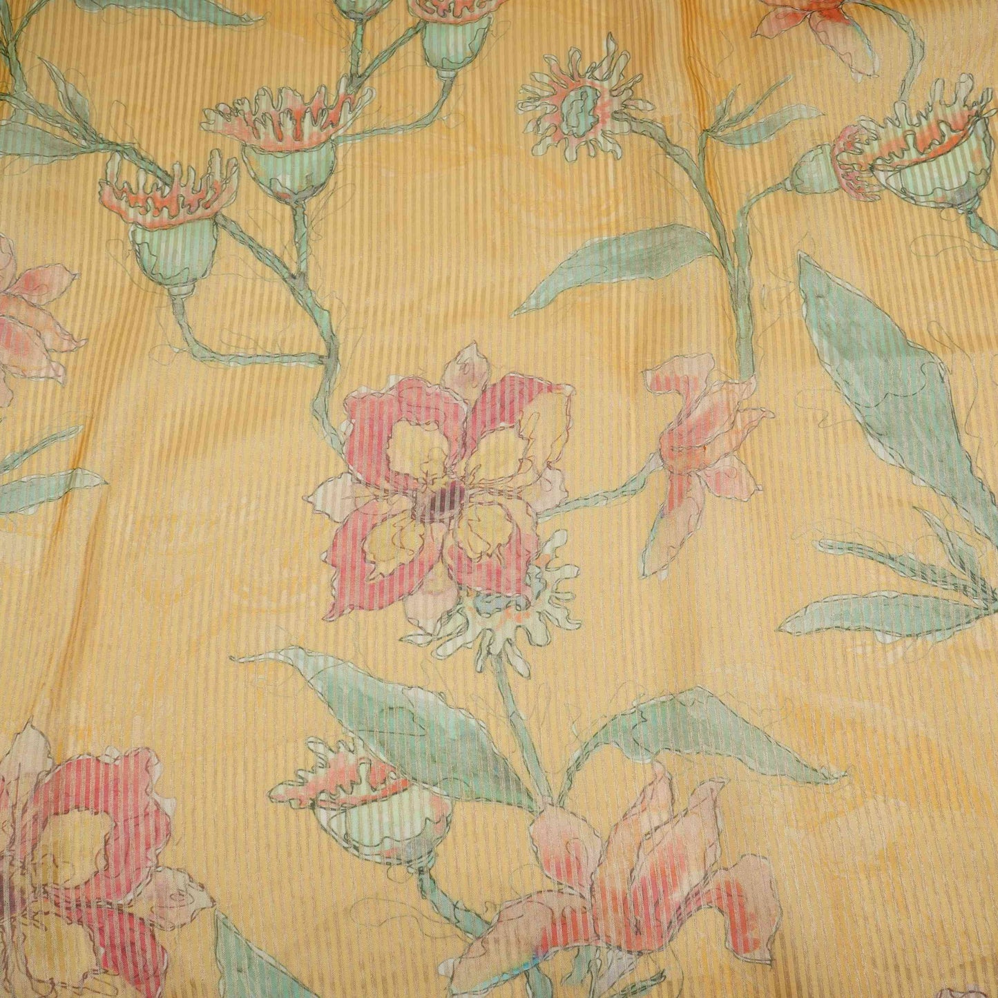 Bright Yellow floral with stripes print Organza Fabric VP-32015