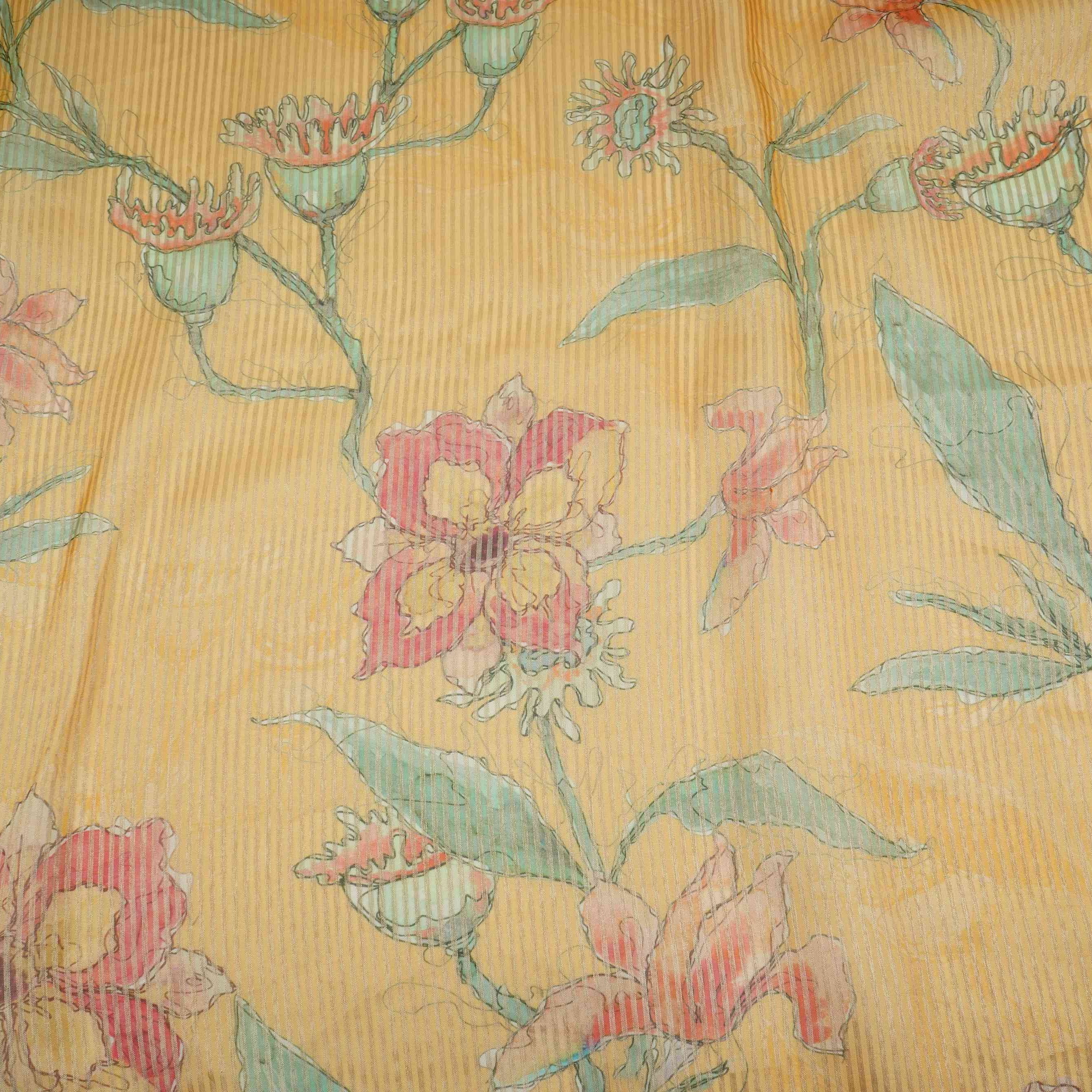 Bright Yellow floral with stripes print Organza Fabric VP-32015