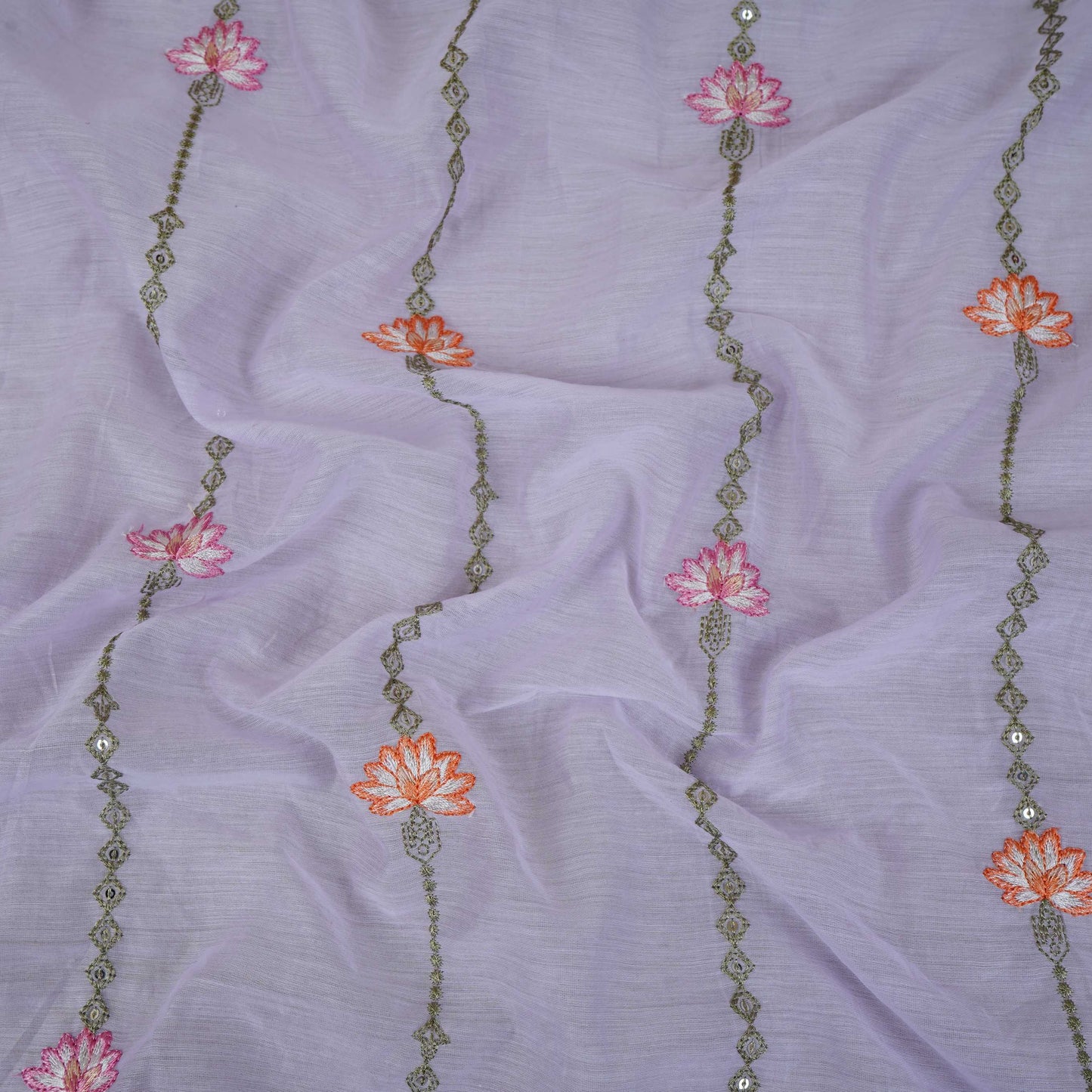 Lavender Stripes Floral Embroidery Chanderi Fabric DC-30565