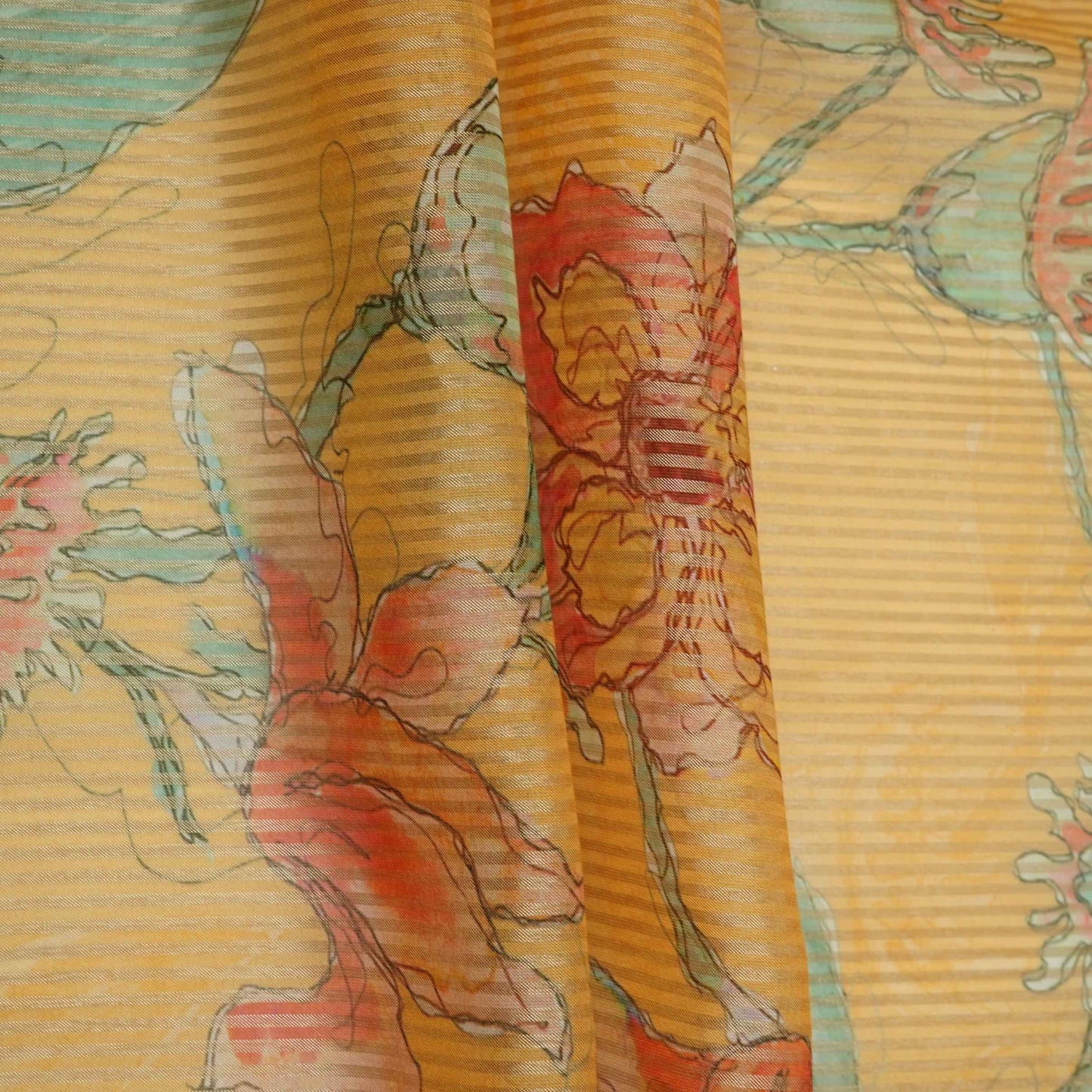 Bright Yellow floral with stripes print Organza Fabric VP-32015