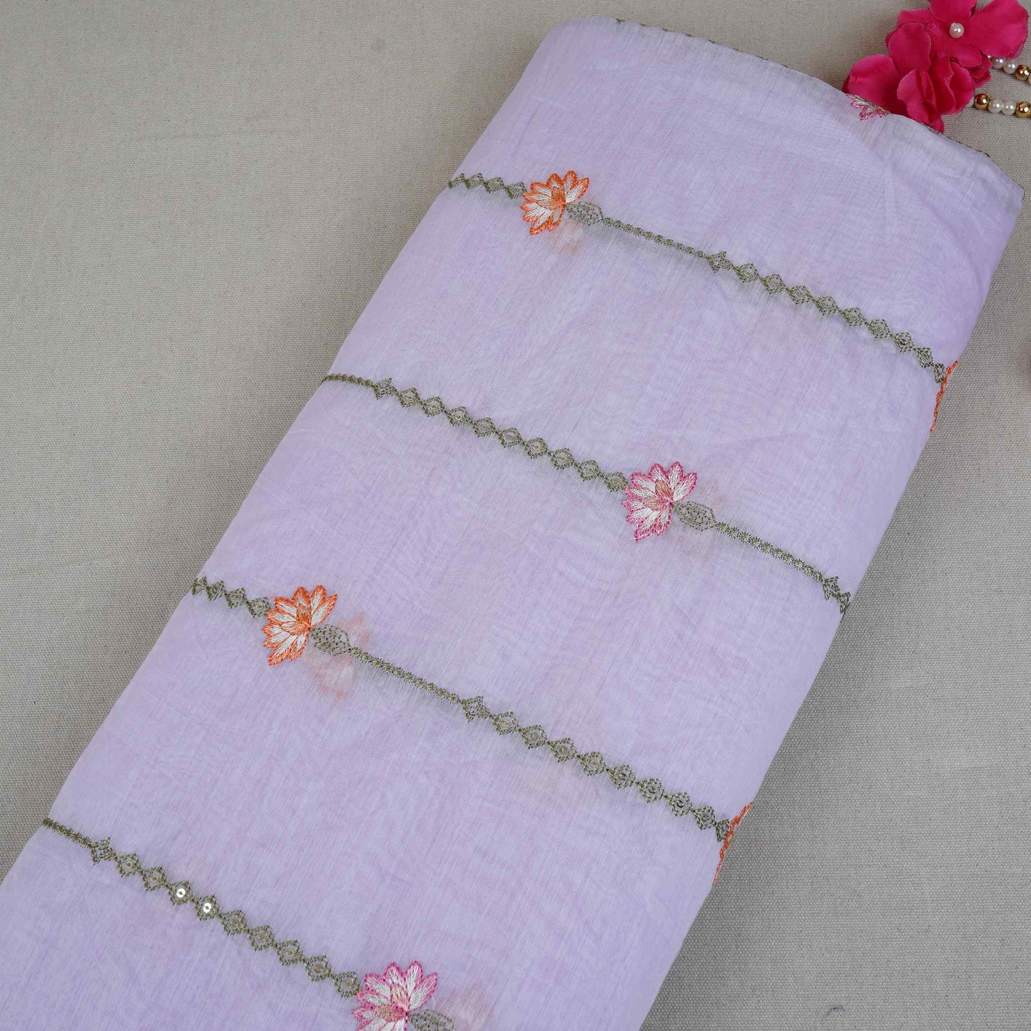 Lavender Stripes Floral Embroidery Chanderi Fabric DC-30565
