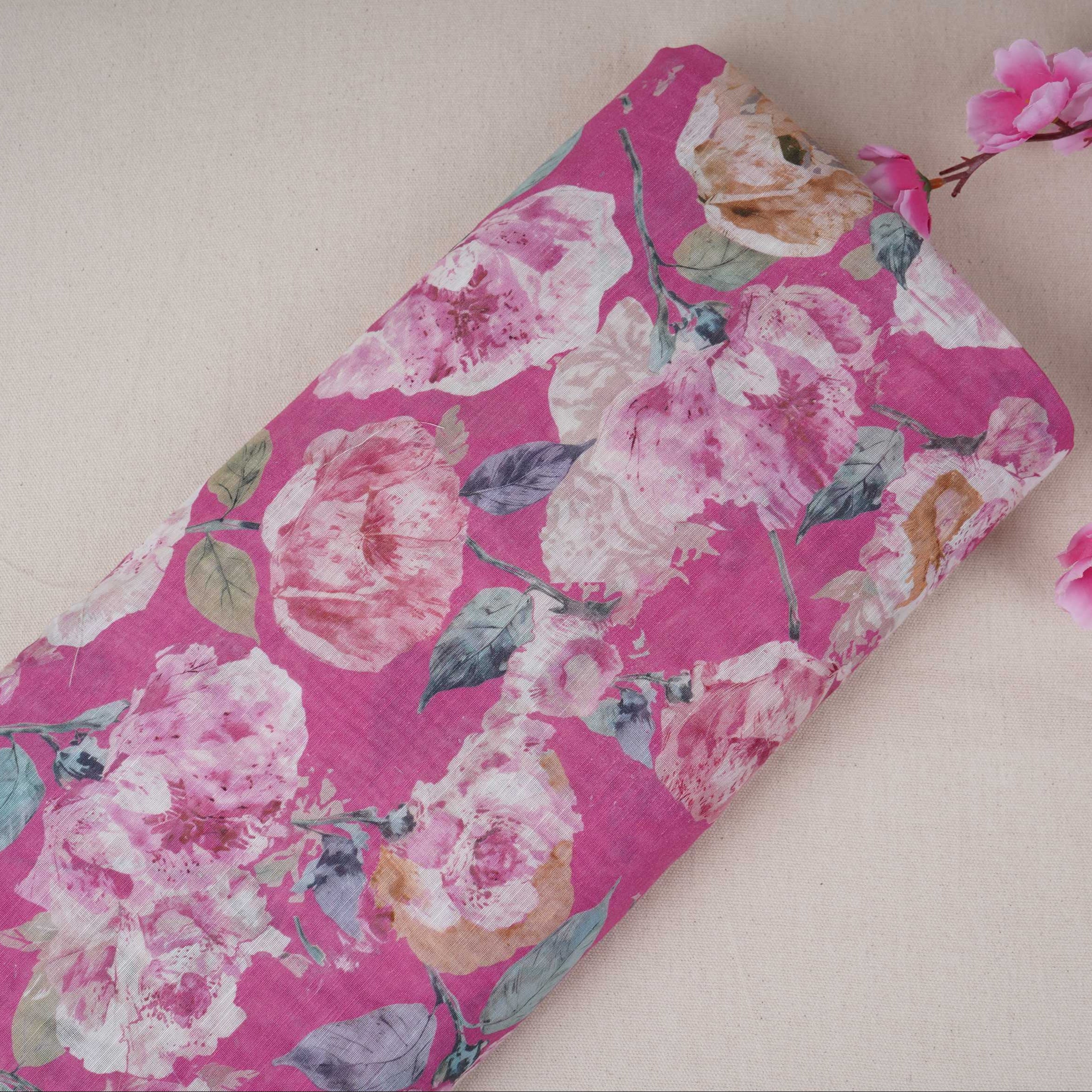 Rani Pink Floral Print Cotton Linen Fabric RT-30907 - TradeUNO