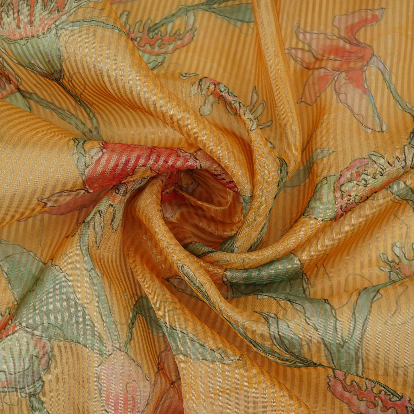 Bright Yellow floral with stripes print Organza Fabric VP-32015