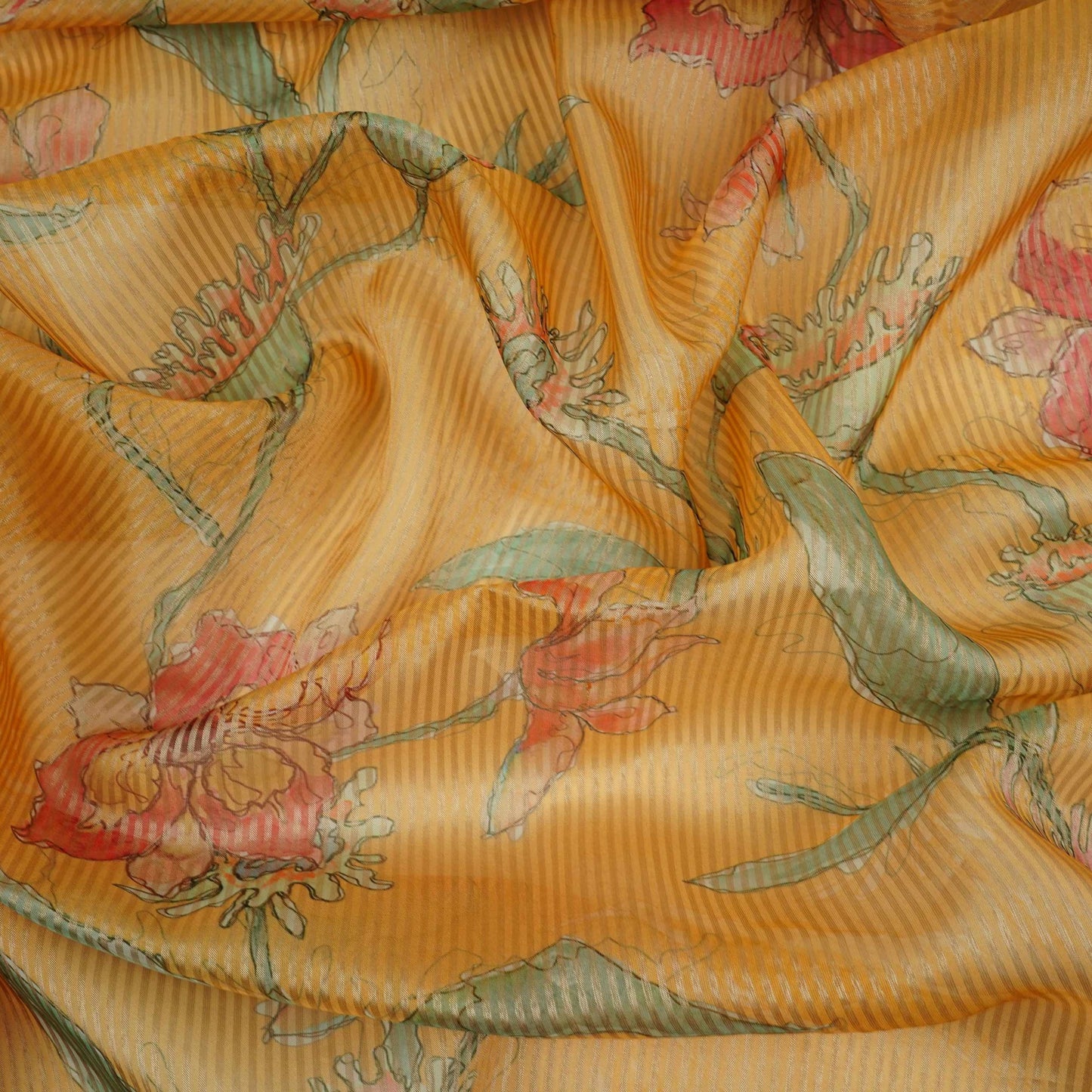 Bright Yellow floral with stripes print Organza Fabric VP-32015