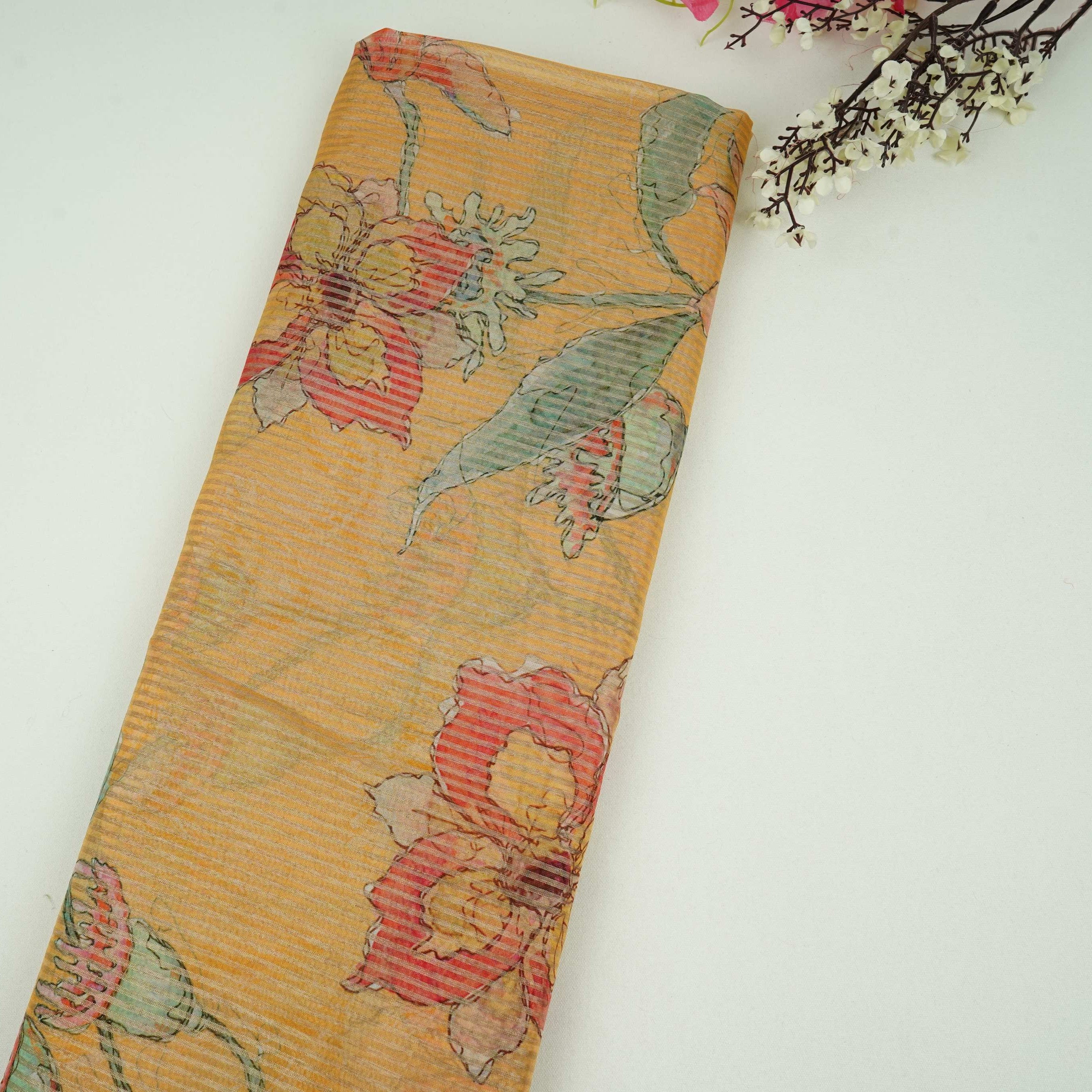 Bright Yellow floral with stripes print Organza Fabric VP-32015