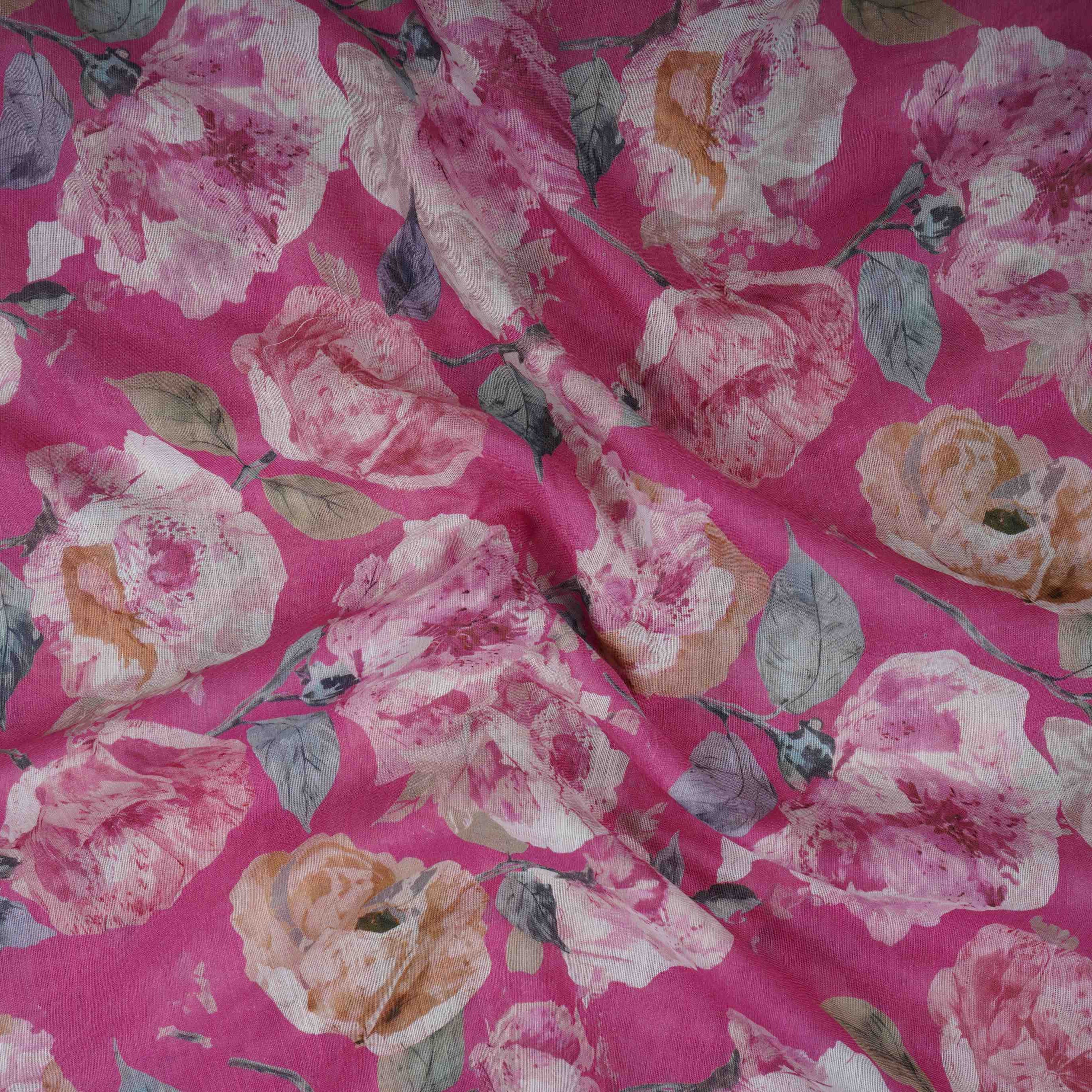 Rani Pink Floral Print Cotton Linen Fabric RT-30907 - TradeUNO