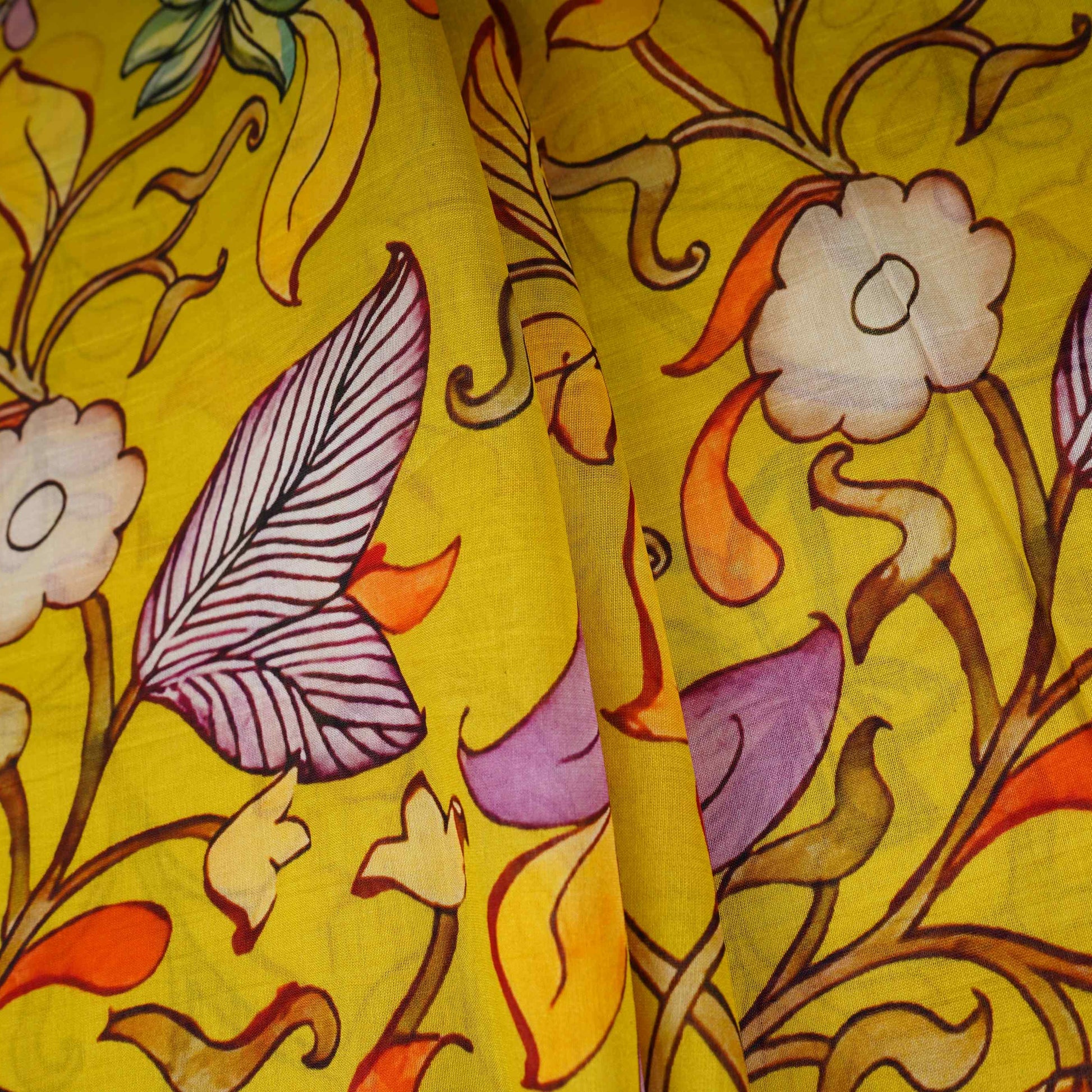 Lime Green Kalamkari Print Pure 70gm Chanderi Fabric VF-30894 - TradeUNO