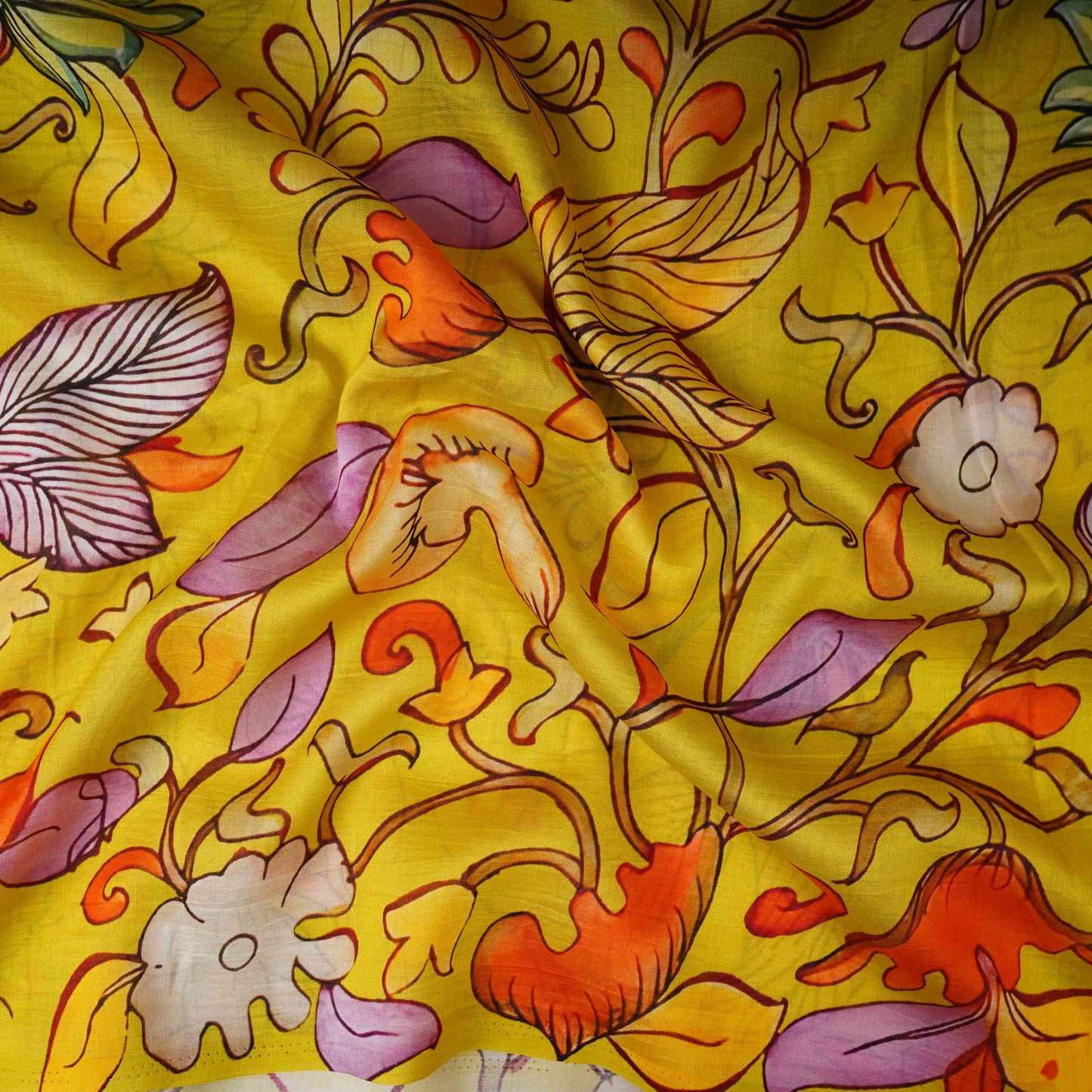 Lime Green Kalamkari Print Pure 70gm Chanderi Fabric VF-30894 - TradeUNO