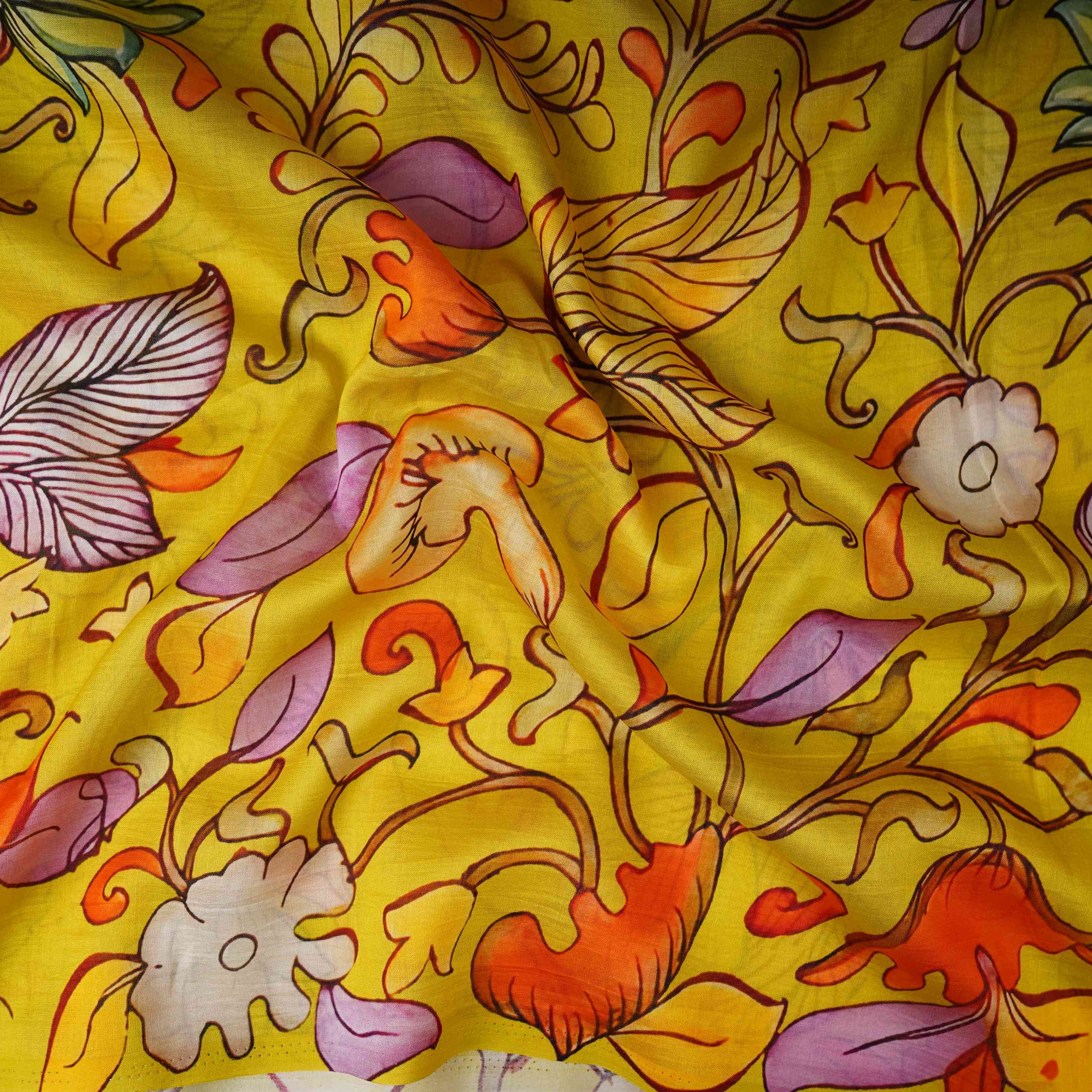 Lime Green Kalamkari Print Pure 70gm Chanderi Fabric VF-30894 - TradeUNO