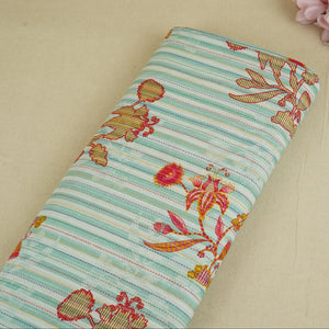 Mint Green Stripes Floral Print Kantha Cotton Fabric MT-29380