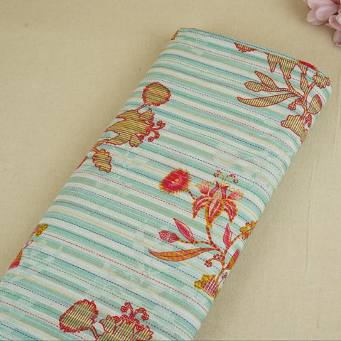 Mint Green Stripes Floral Print Kantha Cotton Fabric MT-29380