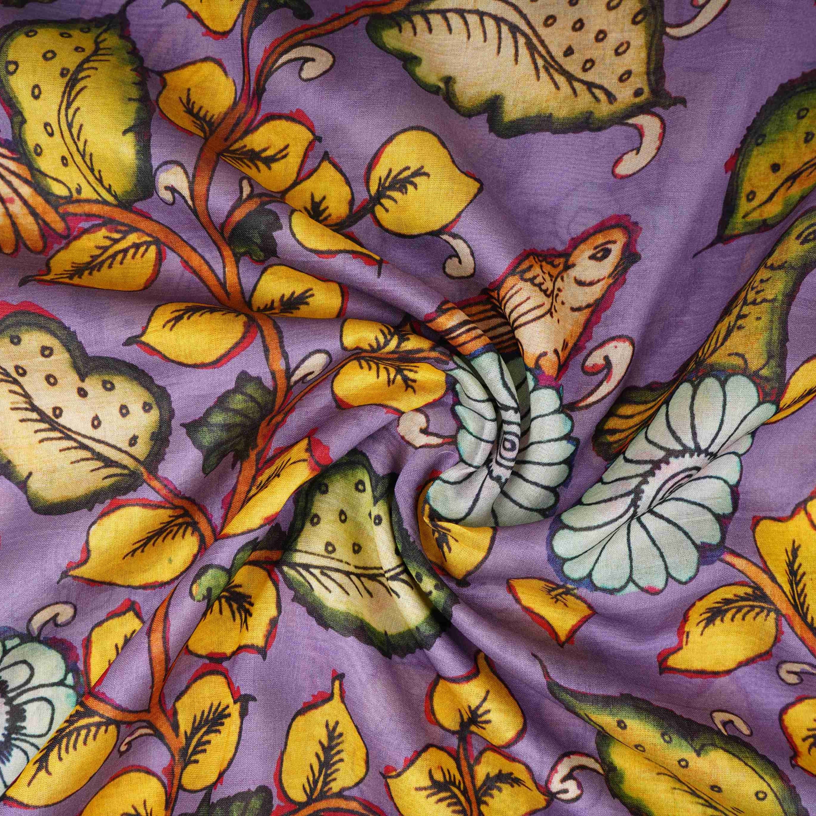Dusty Lavender Kalamkari Print Pure 70gm Chanderi Fabric VF-30891 - TradeUNO