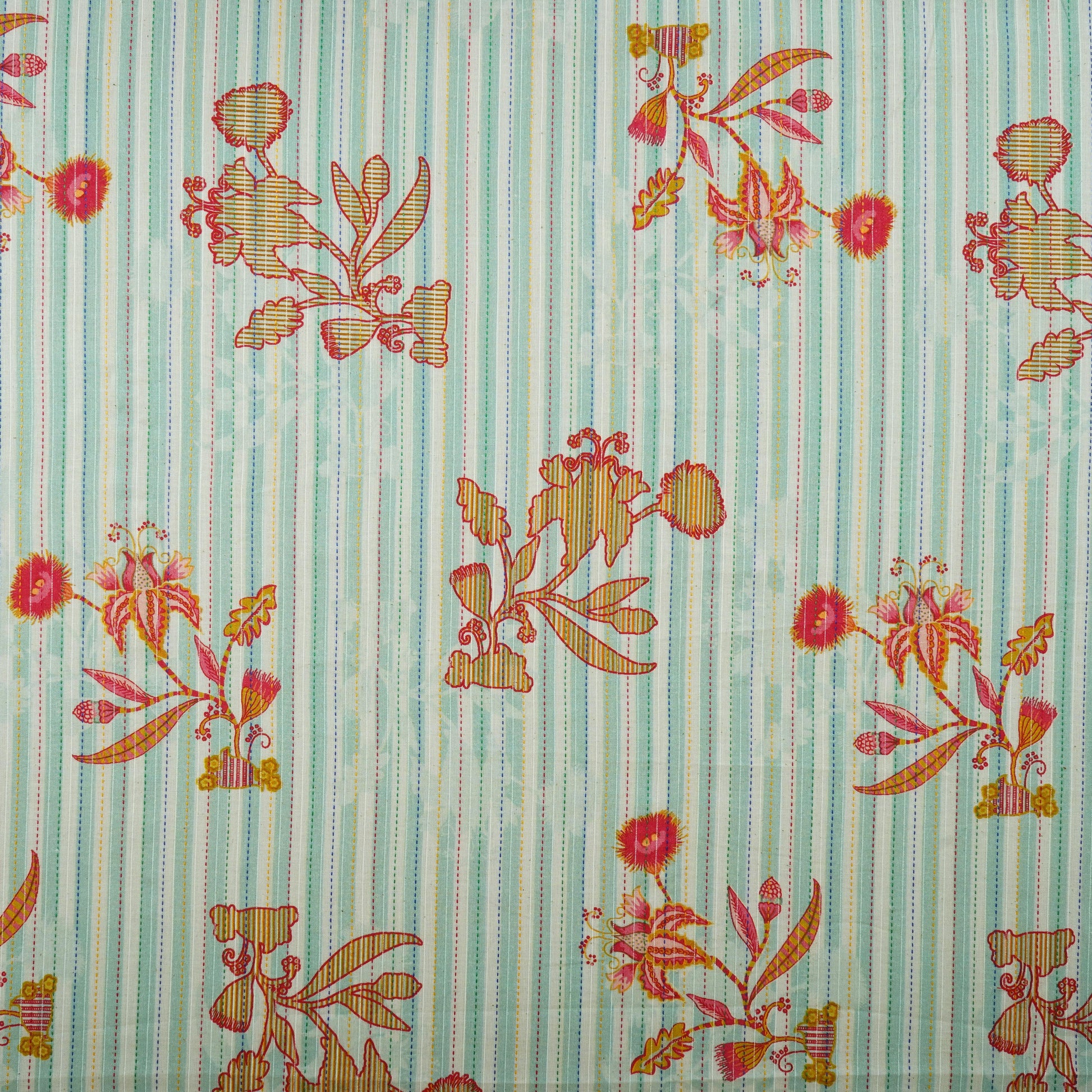 Mint Green Stripes Floral Print Kantha Cotton Fabric MT-29380