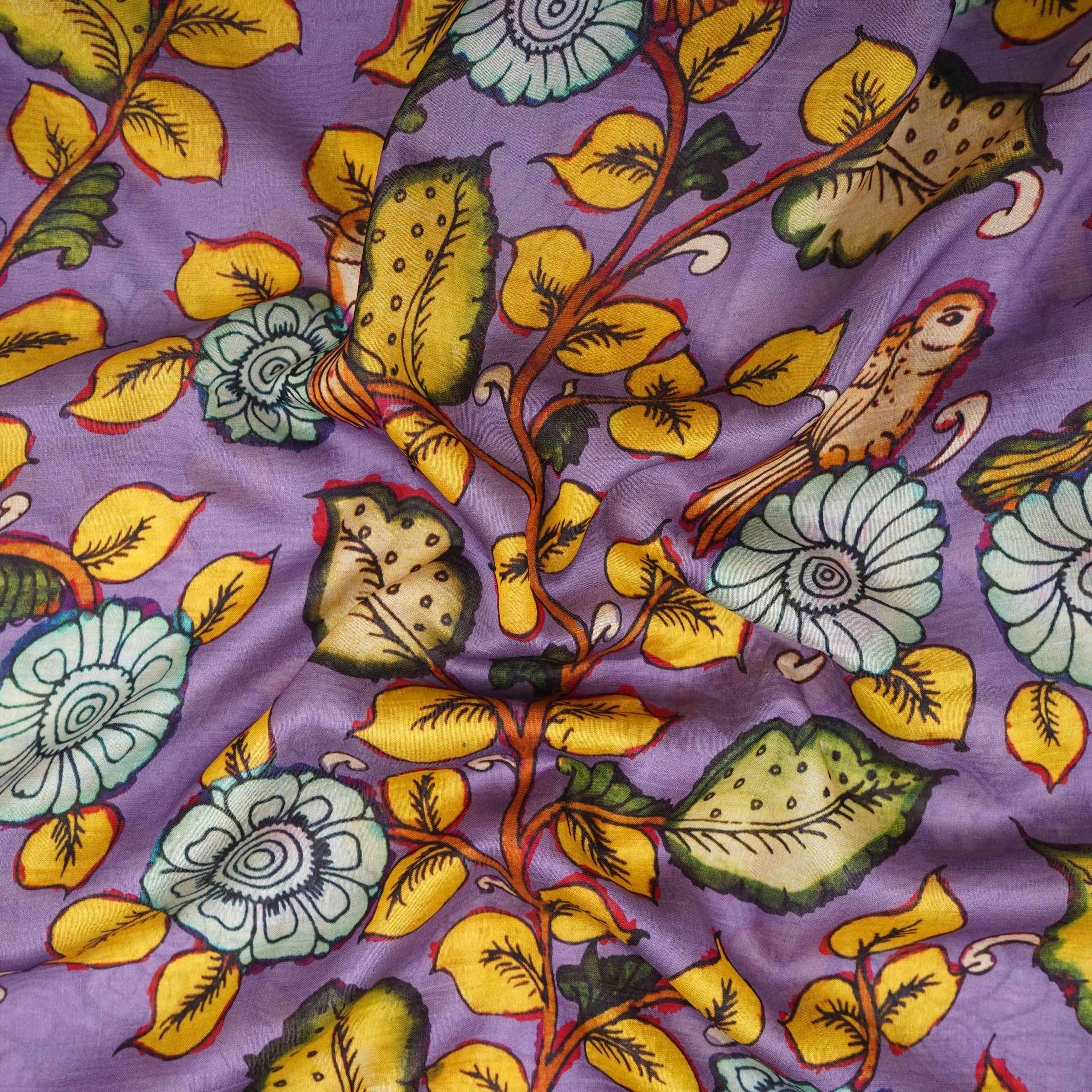 Dusty Lavender Kalamkari Print Pure 70gm Chanderi Fabric VF-30891 - TradeUNO