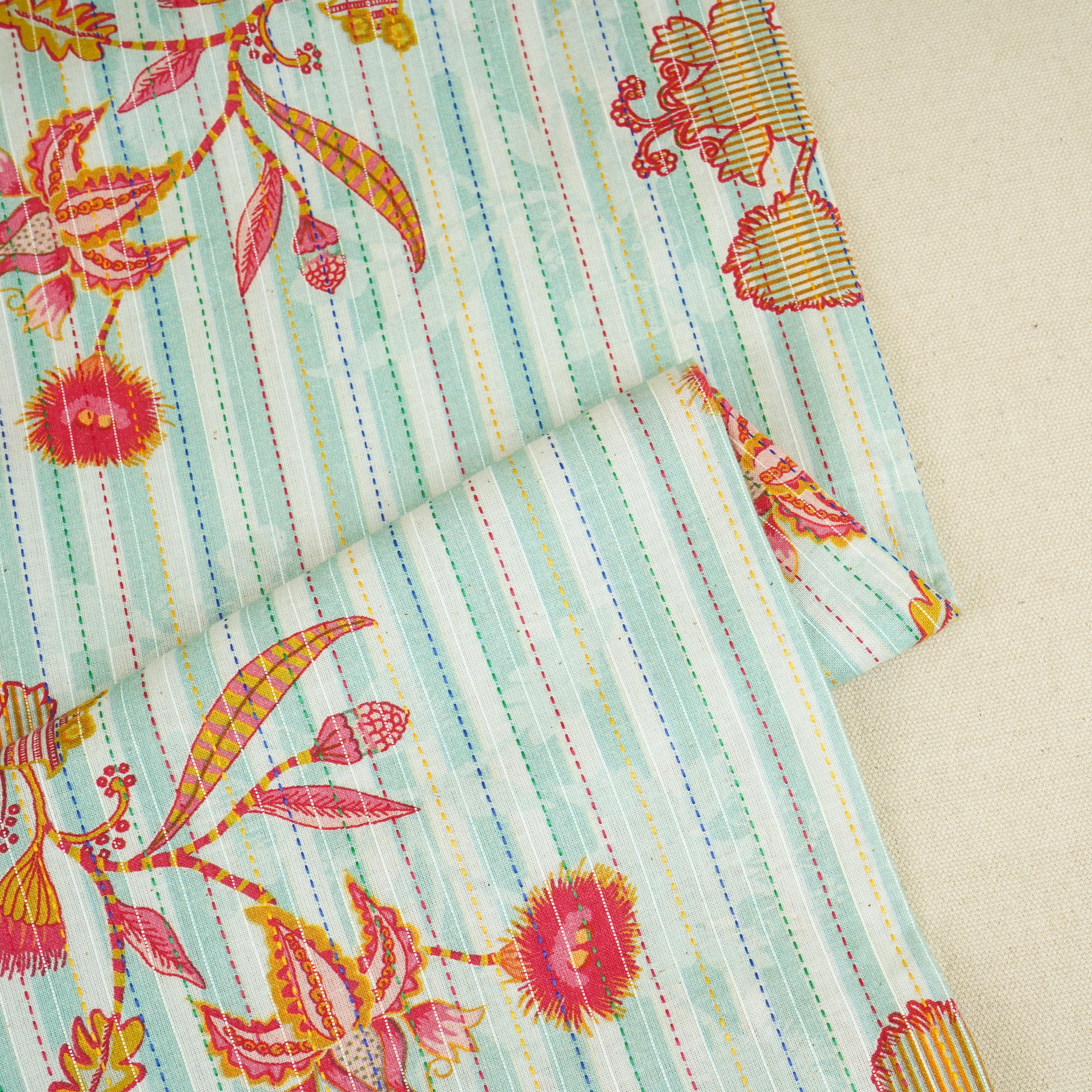 Mint Green Stripes Floral Print Kantha Cotton Fabric MT-29380