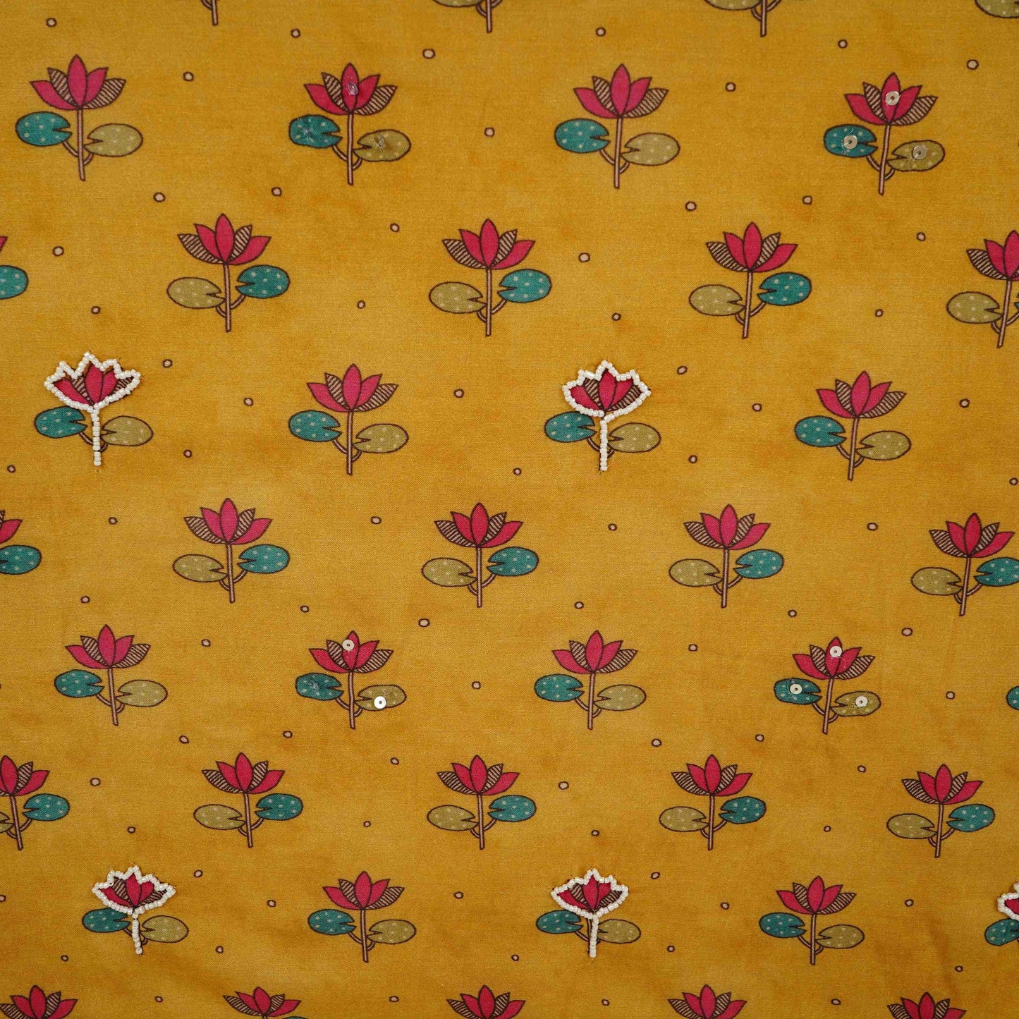 Yellow Floral hand embroidery Cutdana Mul Chanderi Fabric VF-30642