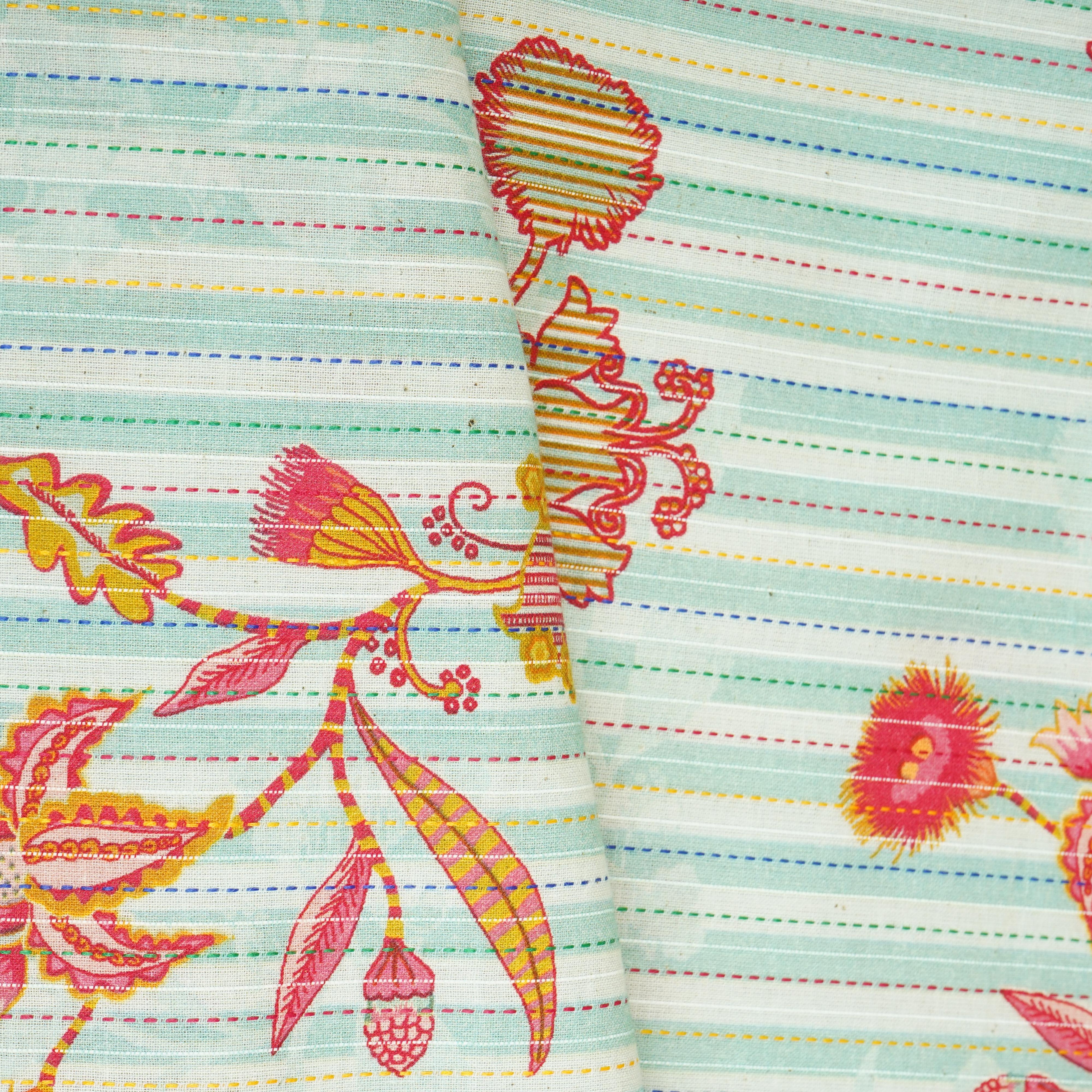 Mint Green Stripes Floral Print Kantha Cotton Fabric MT-29380