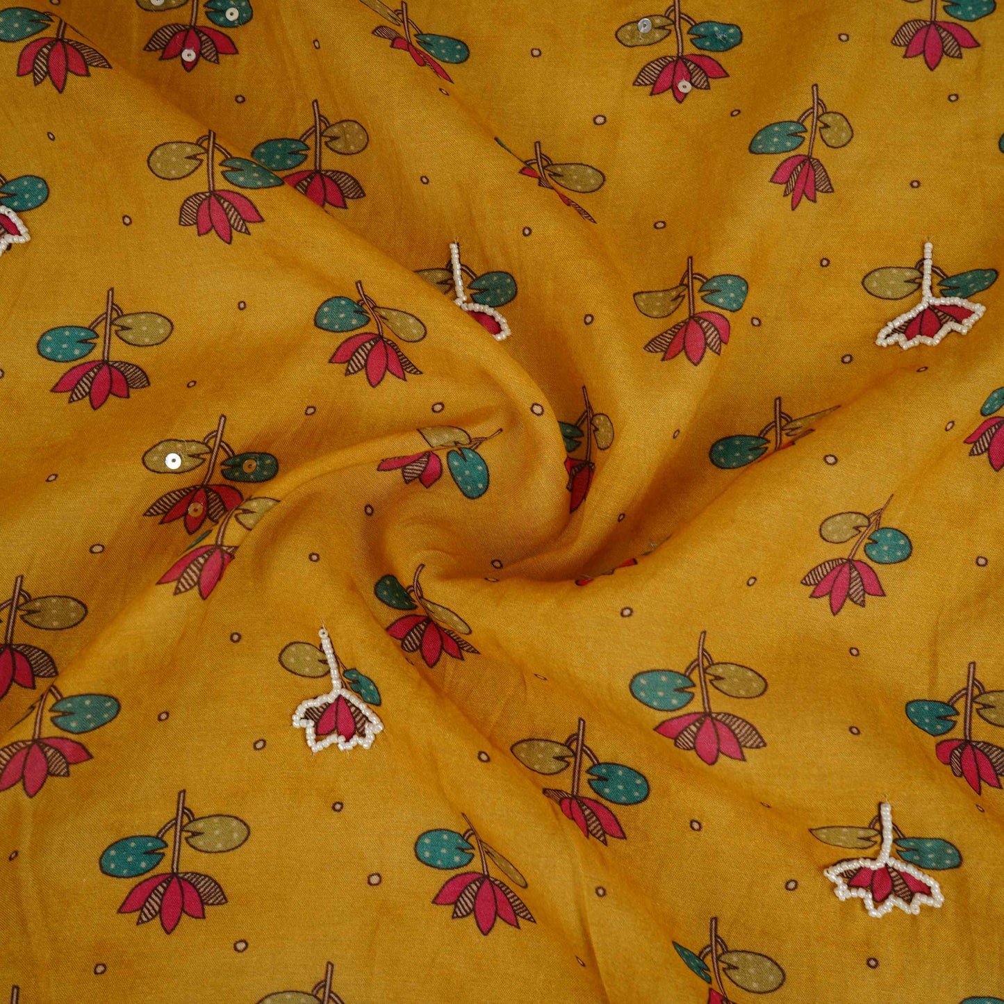 Yellow Floral hand embroidery Cutdana Mul Chanderi Fabric VF-30642
