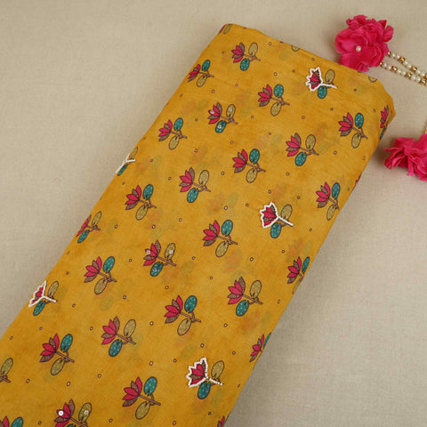 Yellow Floral hand embroidery Cutdana Mul Chanderi Fabric VF-30642