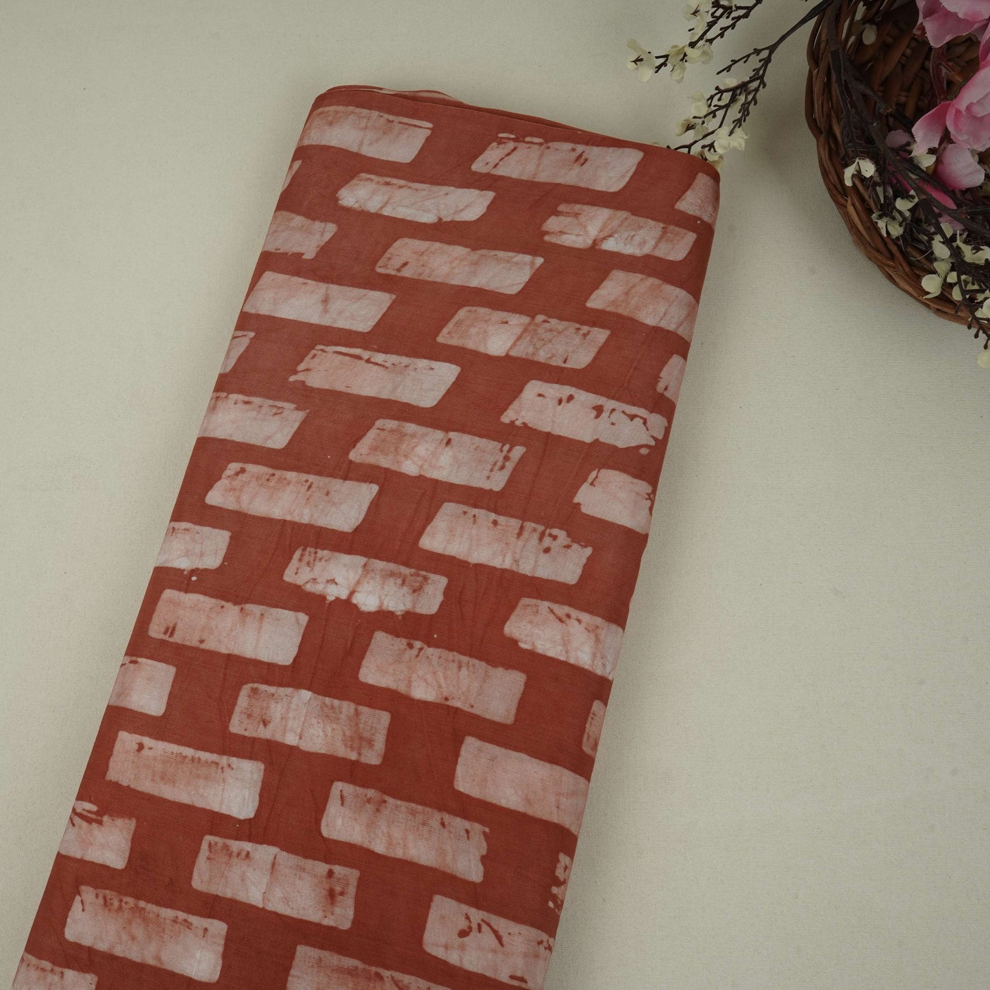 Rust Brown Handblock Batik Print Modal Satin Fabric EEG-32472