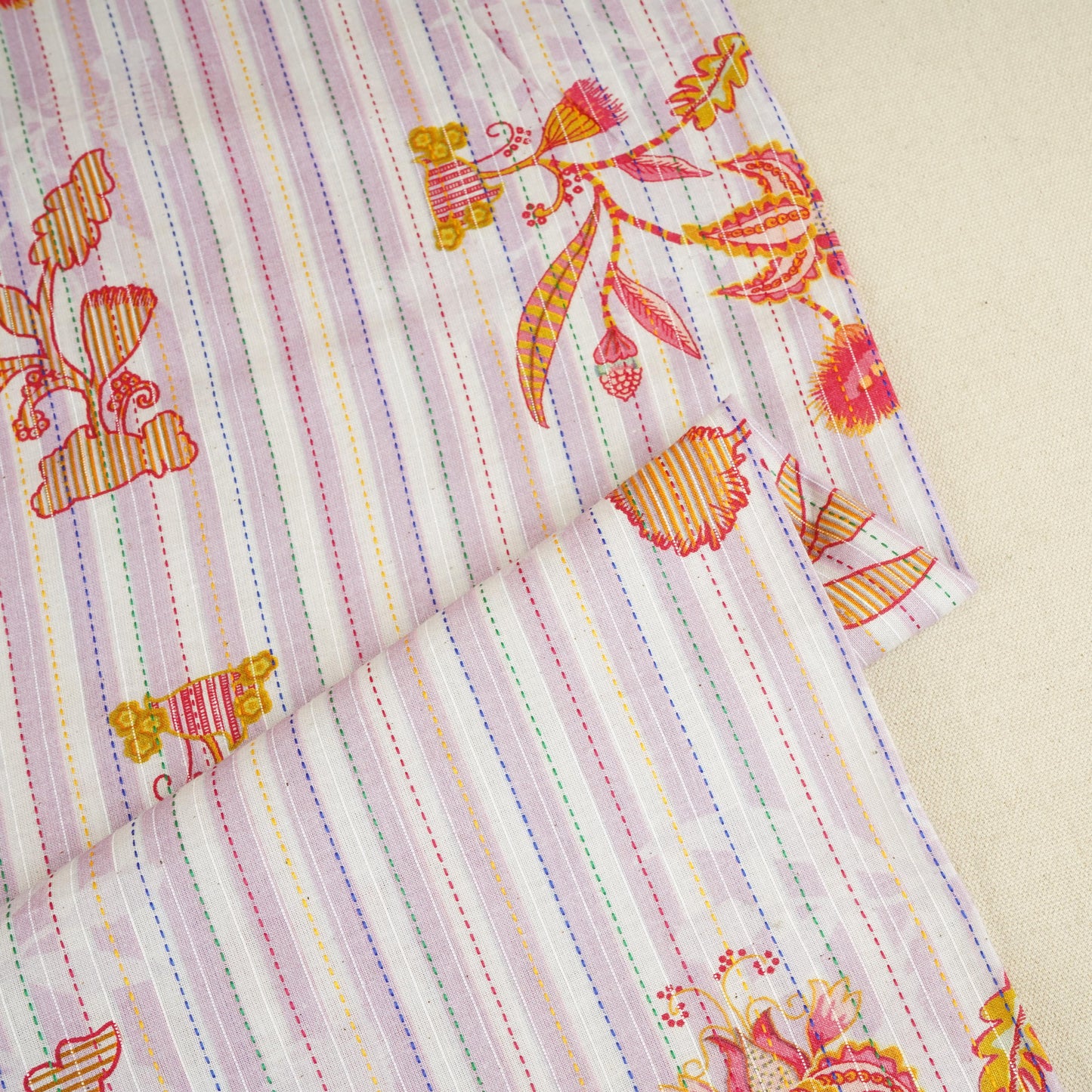 Blue Stripes Floral Kantha Cotton Fabric MT-29381