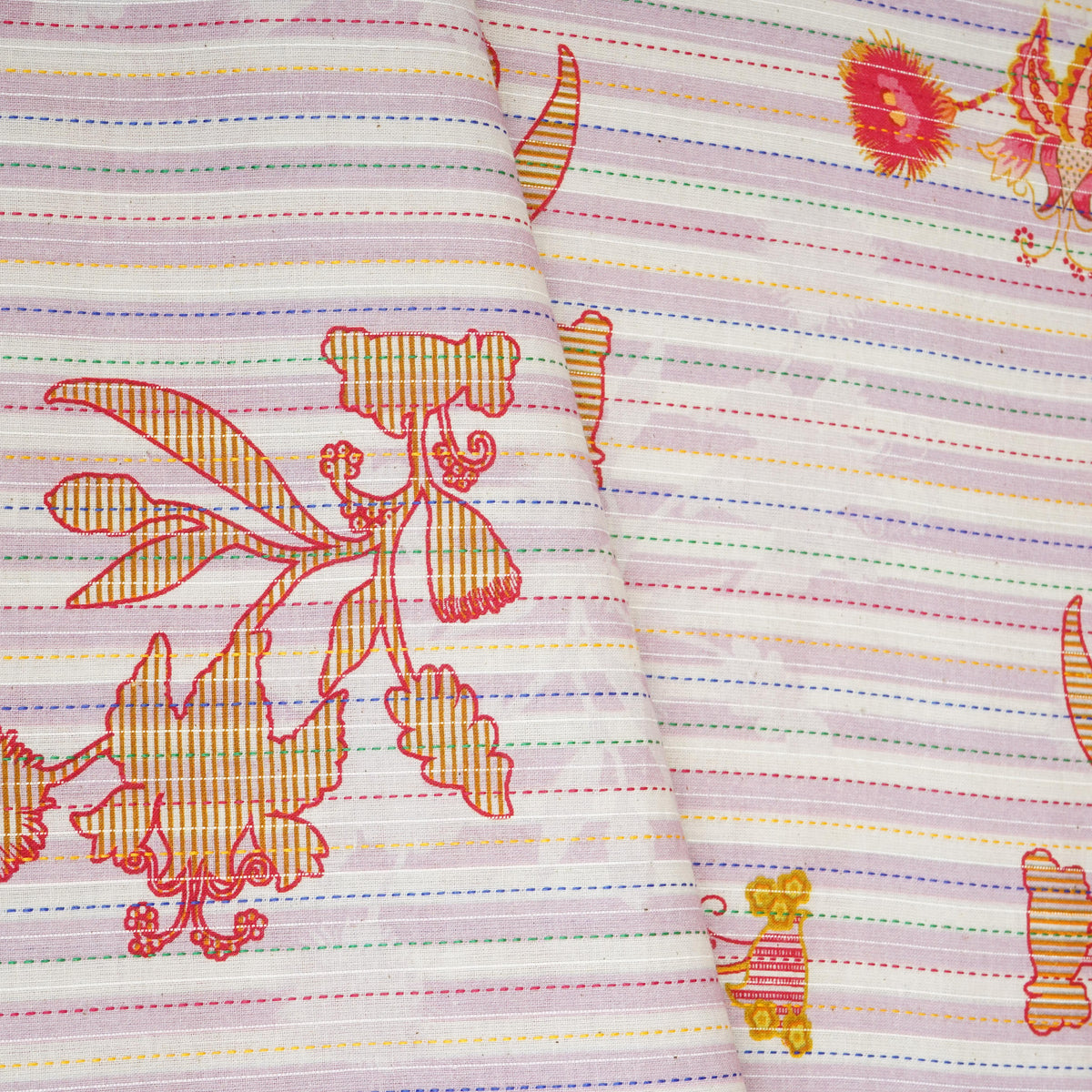Blue Stripes Floral Kantha Cotton Fabric MT-29381