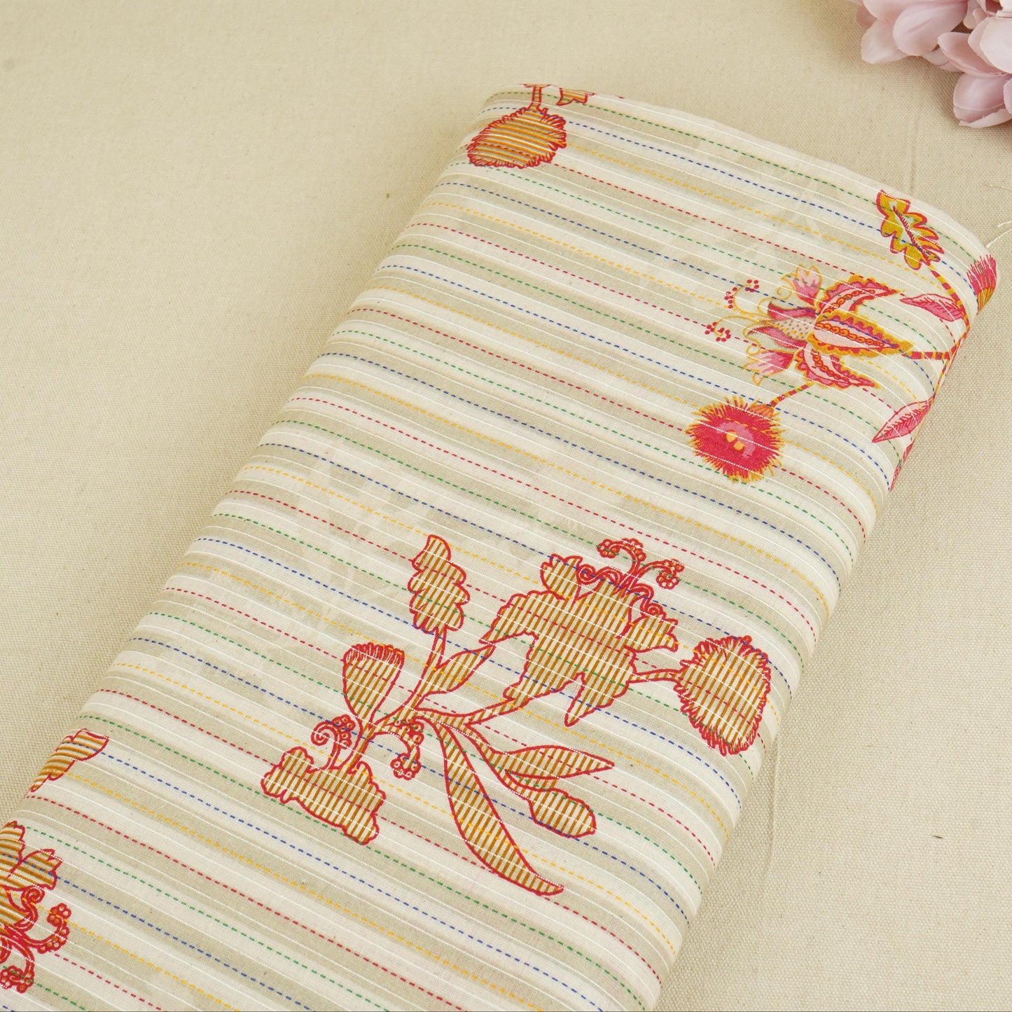 Beige Stripes Floral Print Kantha Cotton Fabric MT-29382