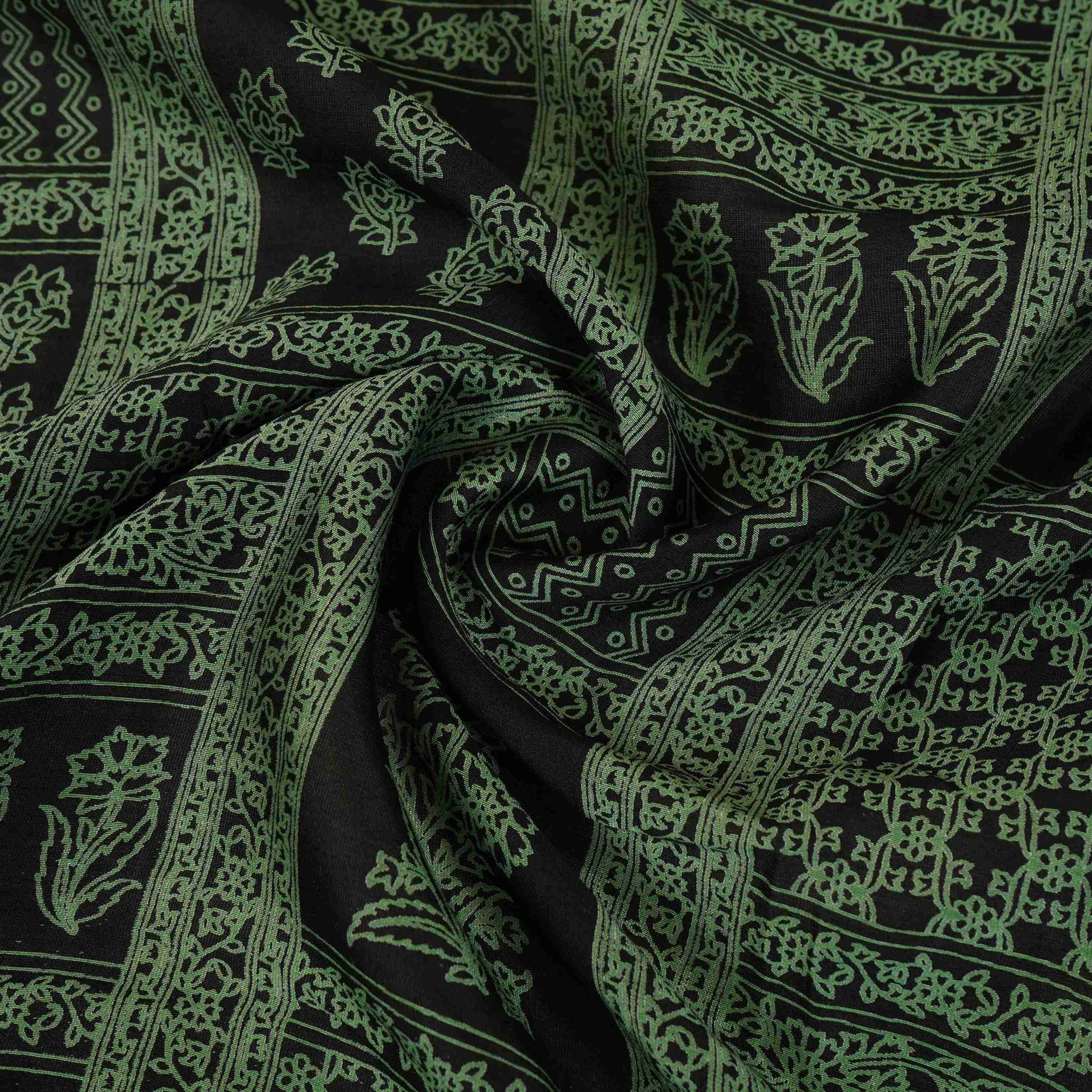 Black Mughal Print Pure 70gm Chanderi Fabric SN-30521 - TradeUNO