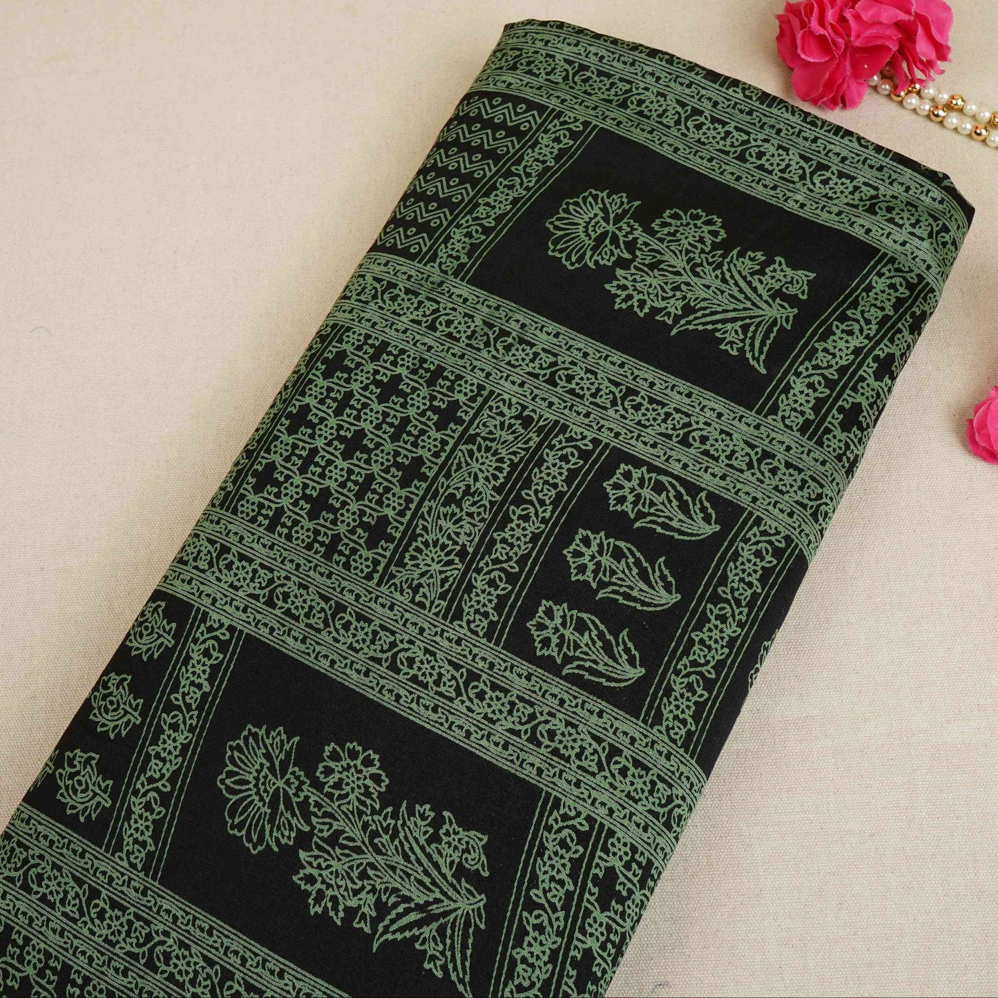 Black Mughal Print Pure 70gm Chanderi Fabric SN-30521