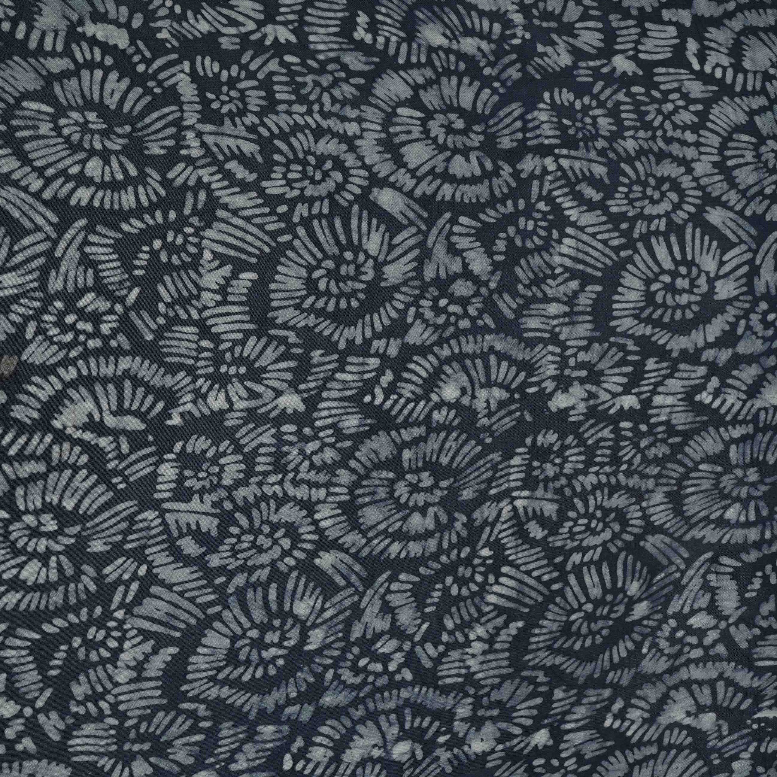 Indigo blue batik print light modal satin fabric with a smooth, lustrous sheen, ideal for ethnic wear.