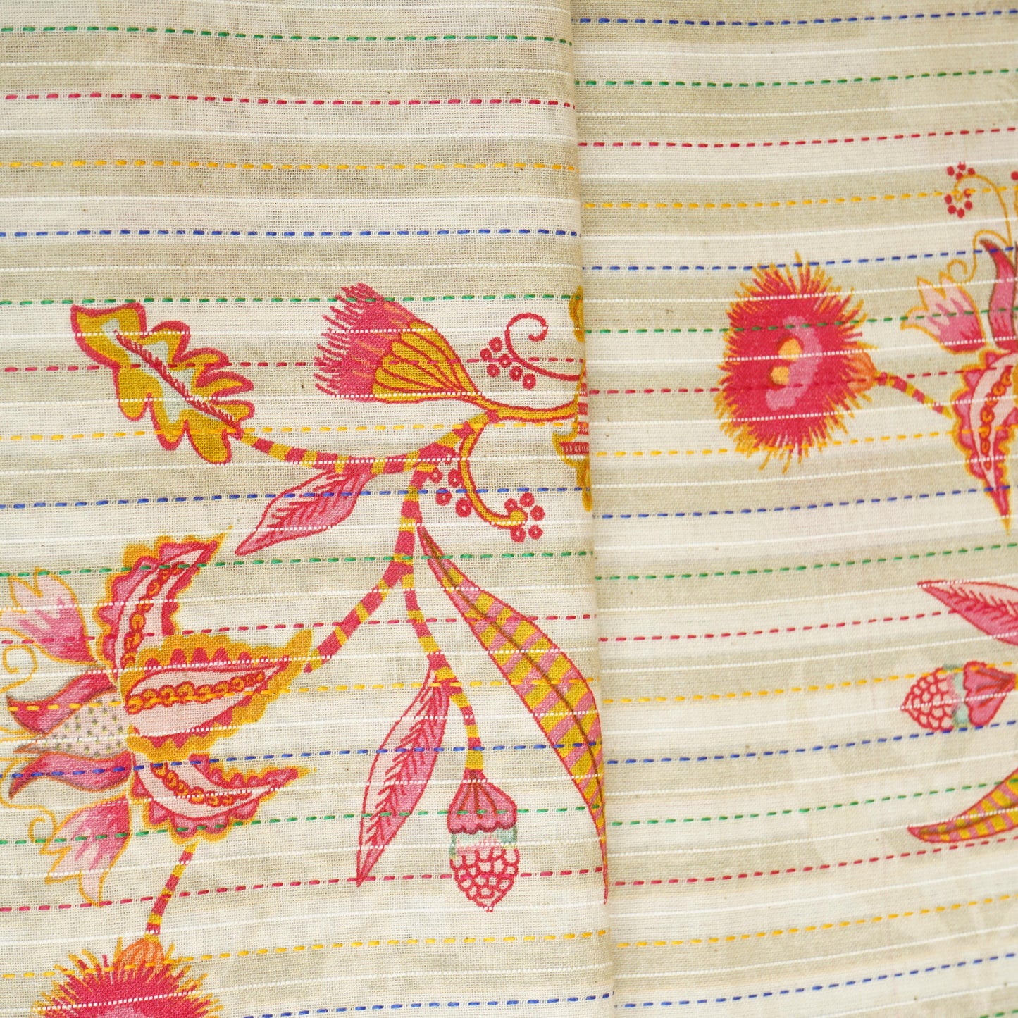 Beige Stripes Floral Print Kantha Cotton Fabric MT-29382