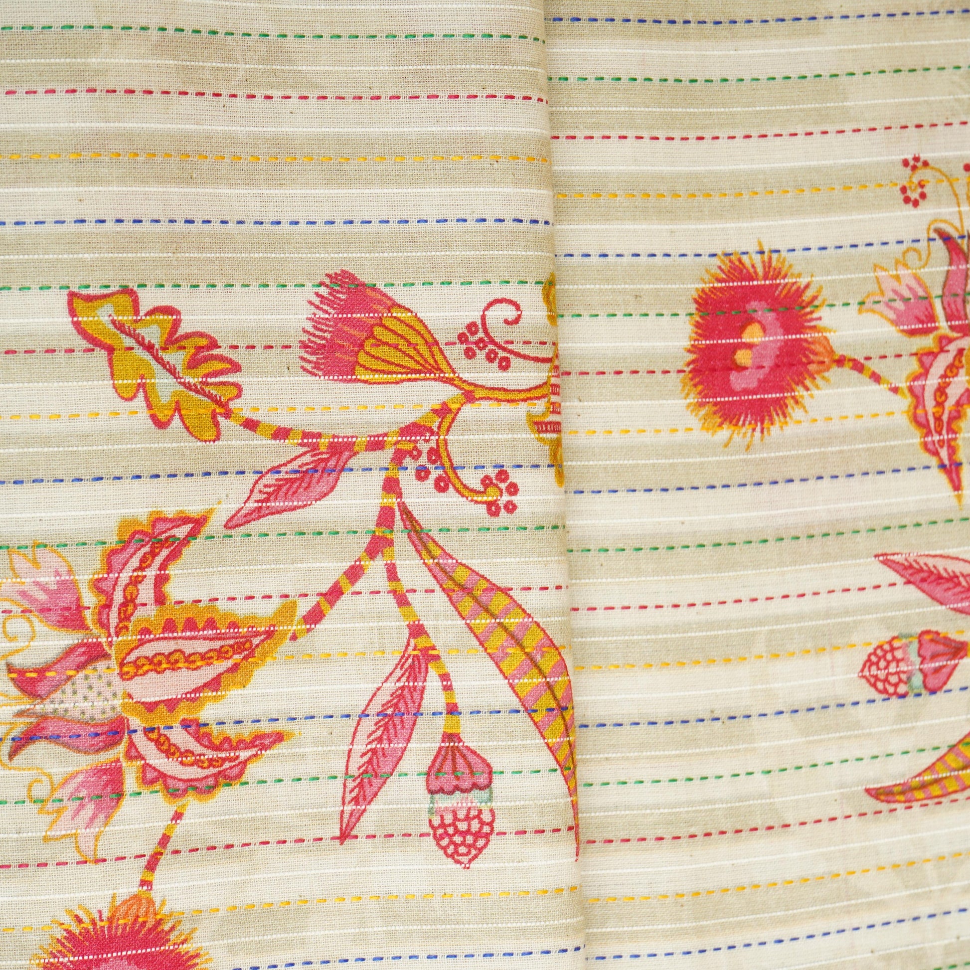 Beige Stripes Floral Print Kantha Cotton Fabric MT-29382