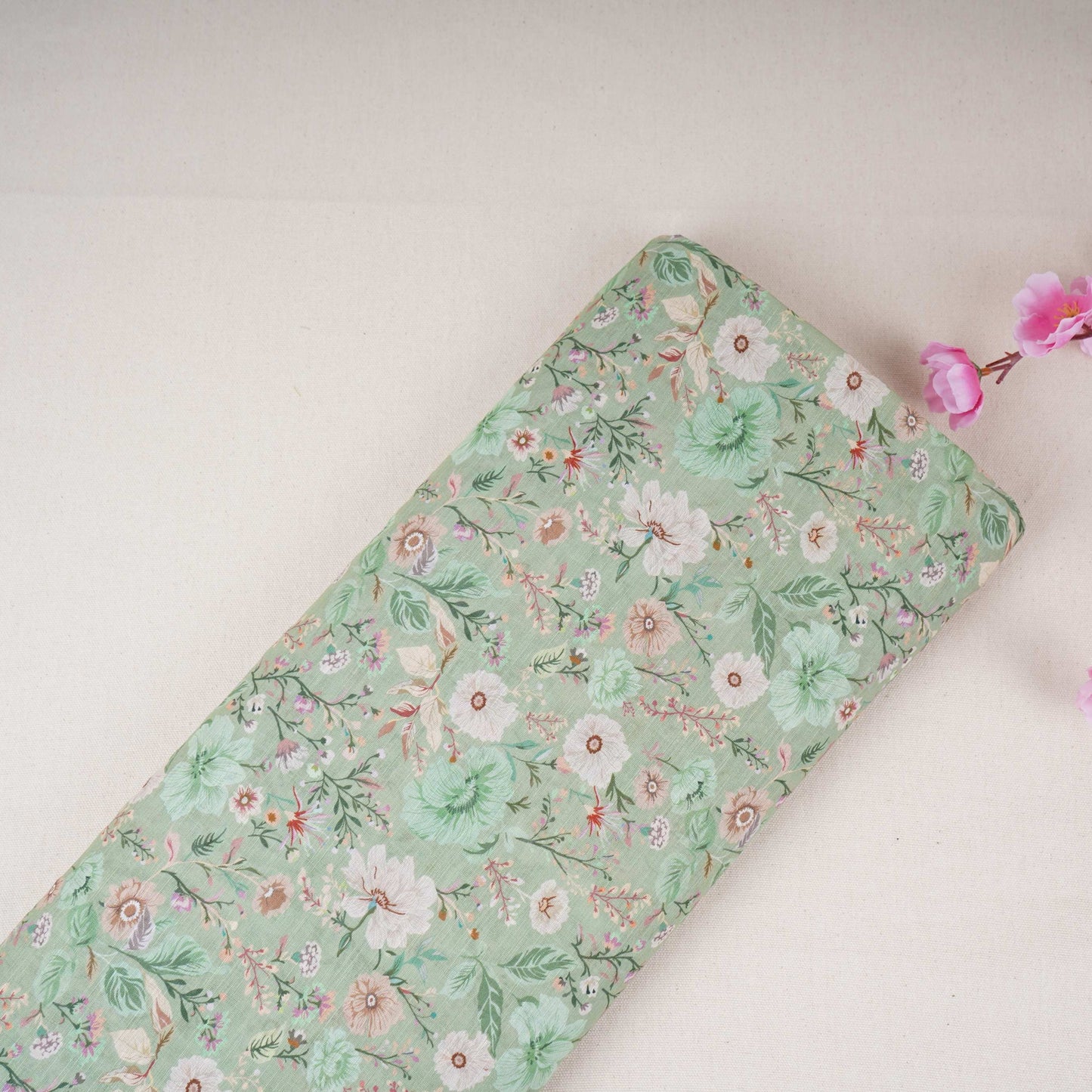 Sage Green Floral Print Cotton Linen Fabric RT-30908