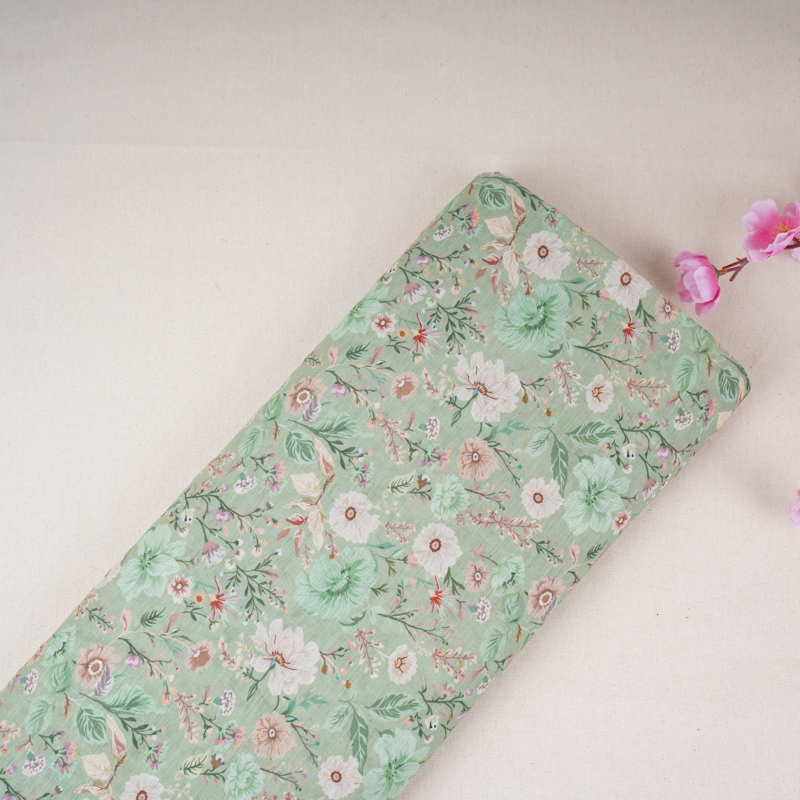 Sage Green Floral Print Cotton Linen Fabric RT-30908 - TradeUNO
