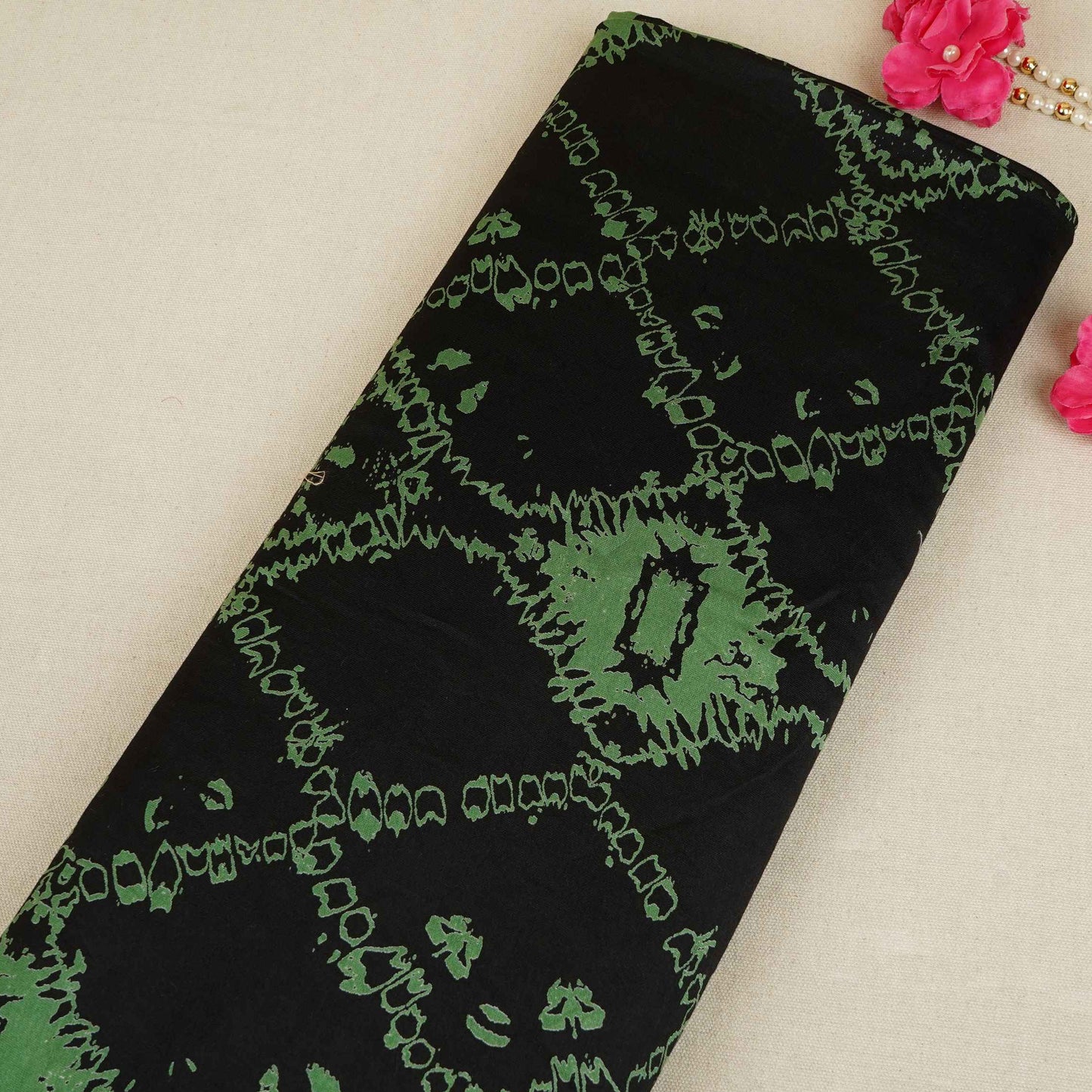 Black Shibori Print Pure 70gm Chanderi Fabric SN-30538