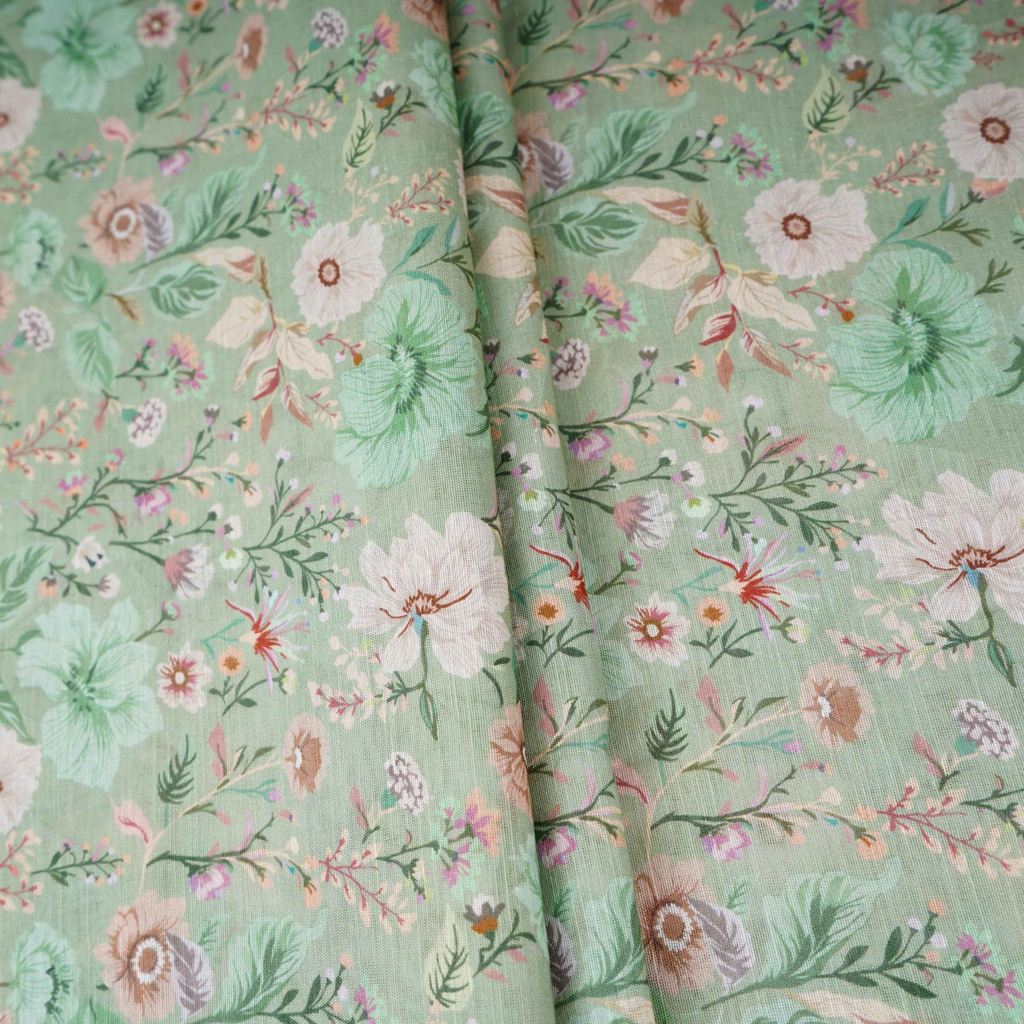 Sage Green Floral Print Cotton Linen Fabric RT-30908