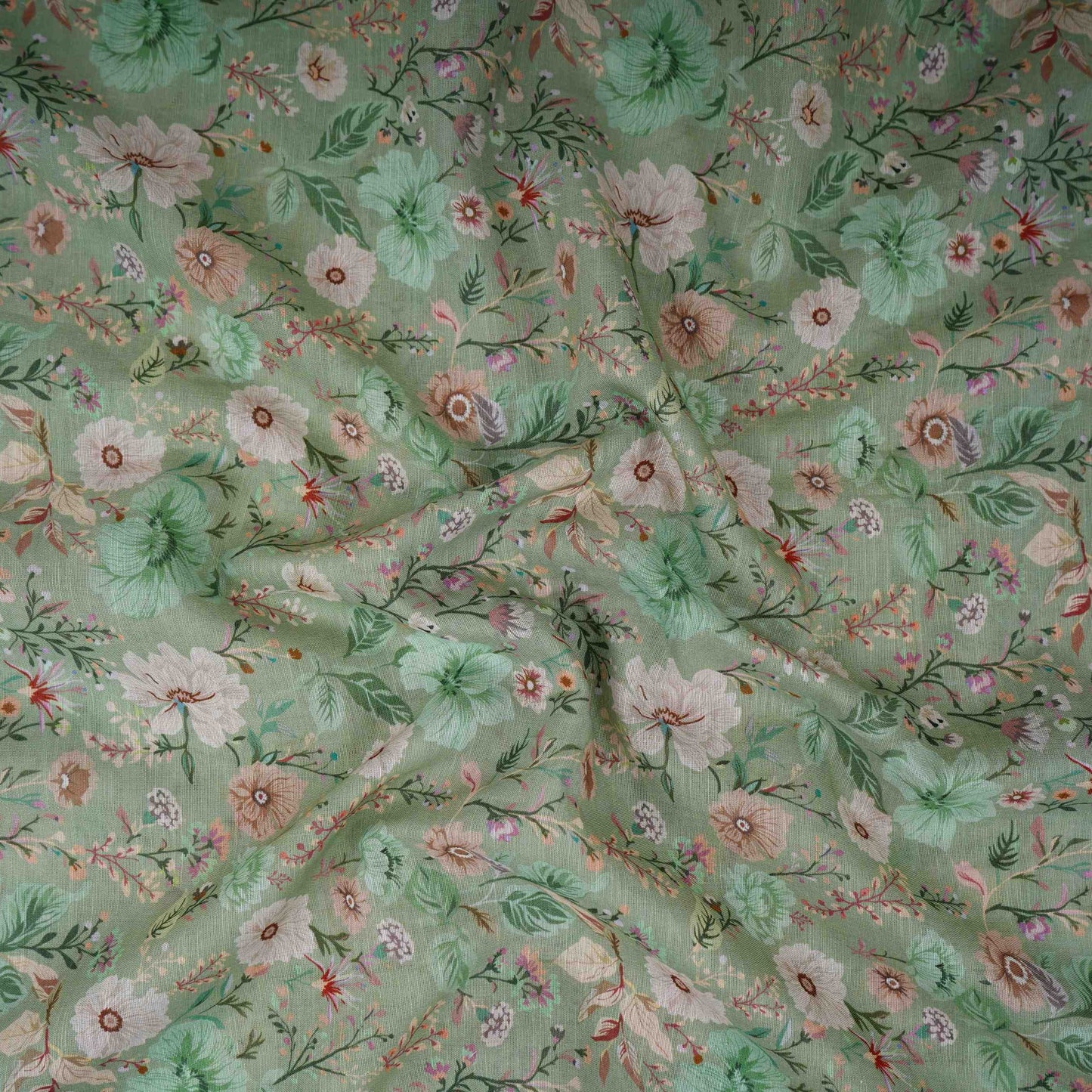 Sage Green Floral Print Cotton Linen Fabric RT-30908