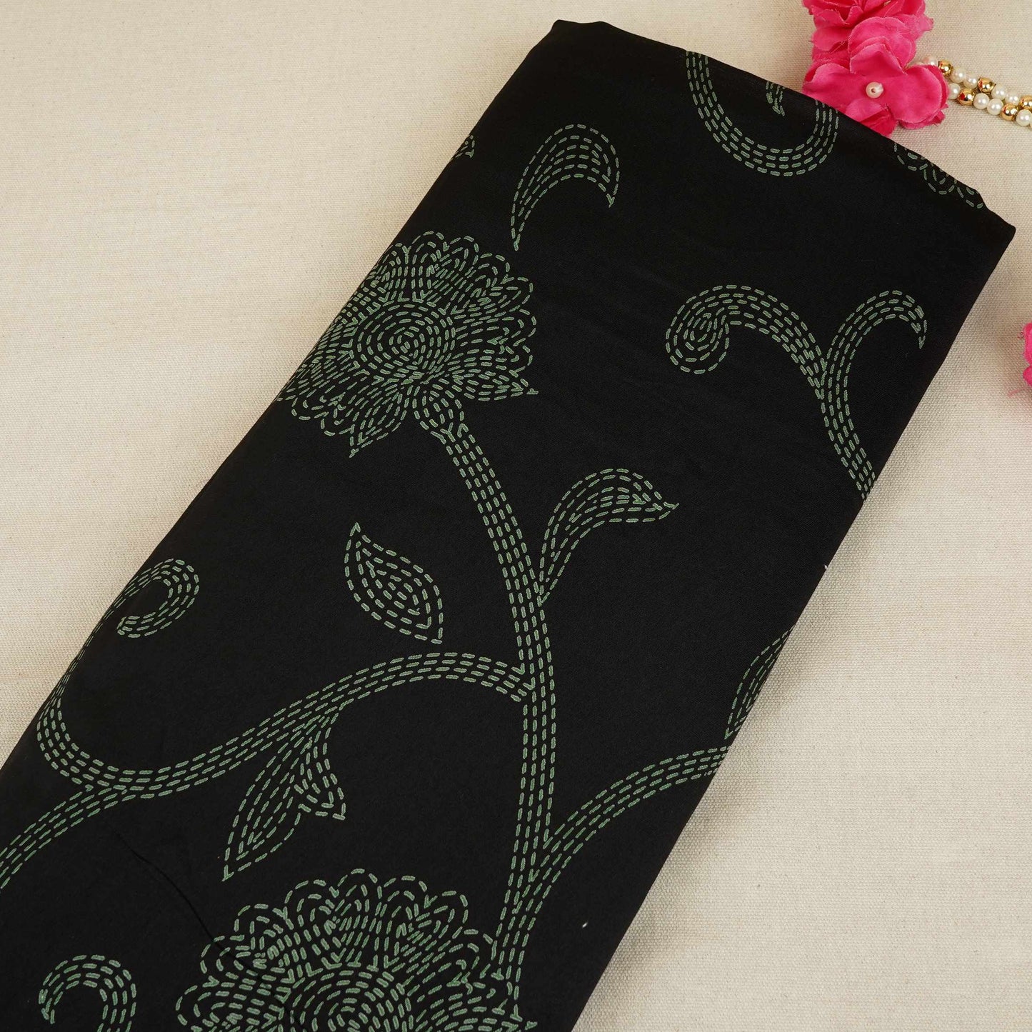 Black Floral Print Pure 70gm Chanderi Fabric SN-30522